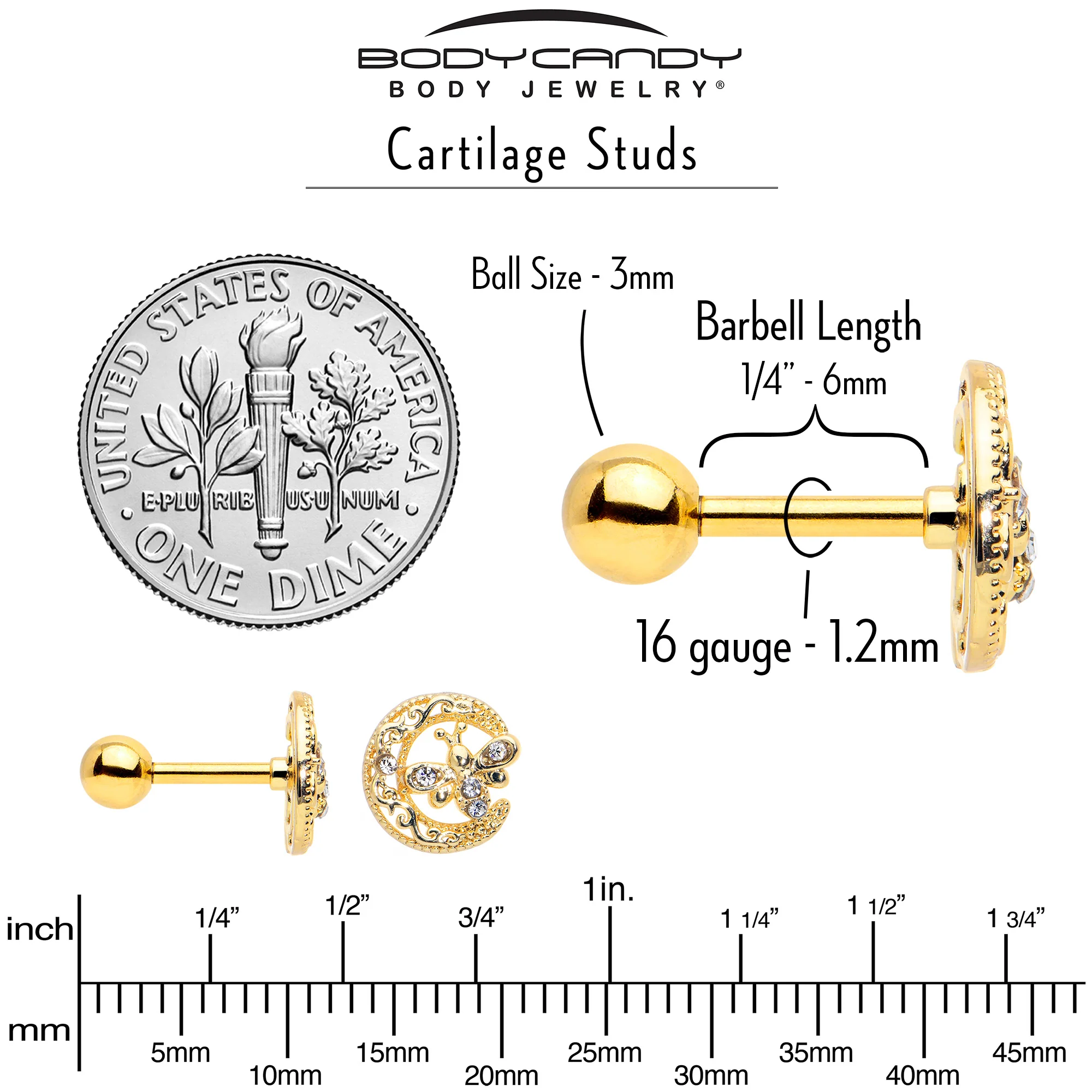16G 1/4 Clear Gem Gold Tone Lunar Dragonfly Cartilage Earring - Image 7