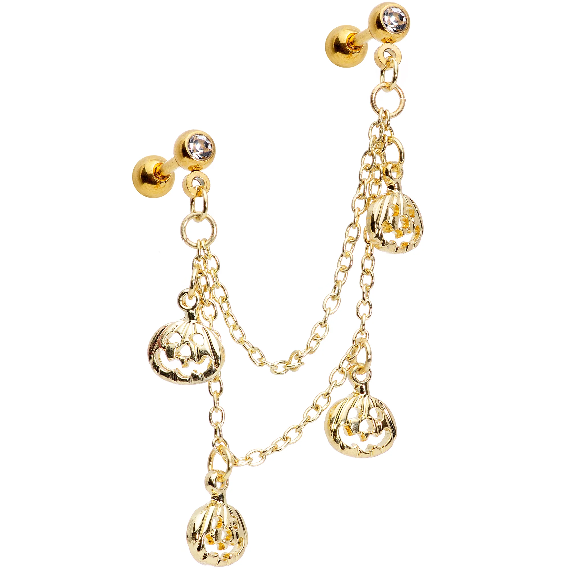 16G 1/4 Clear Gem Gold Tone Pumpkin Cartilage Chain Earring - Image 3
