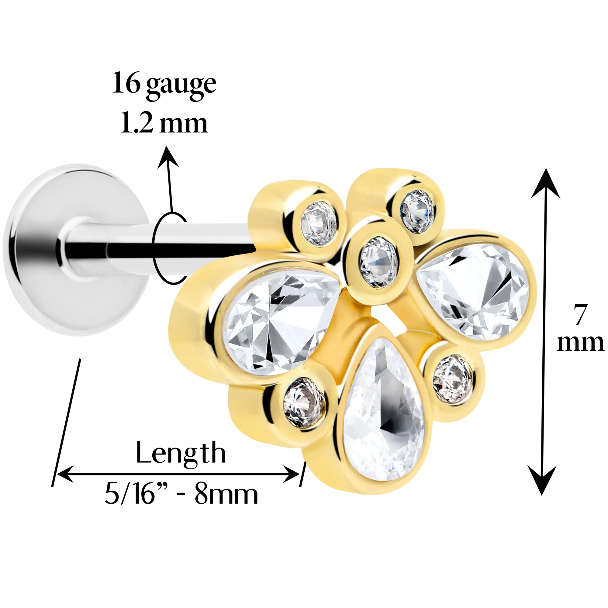 16G 1/4 Clear Gem Golden Crown Deluxe Labret - Image 2