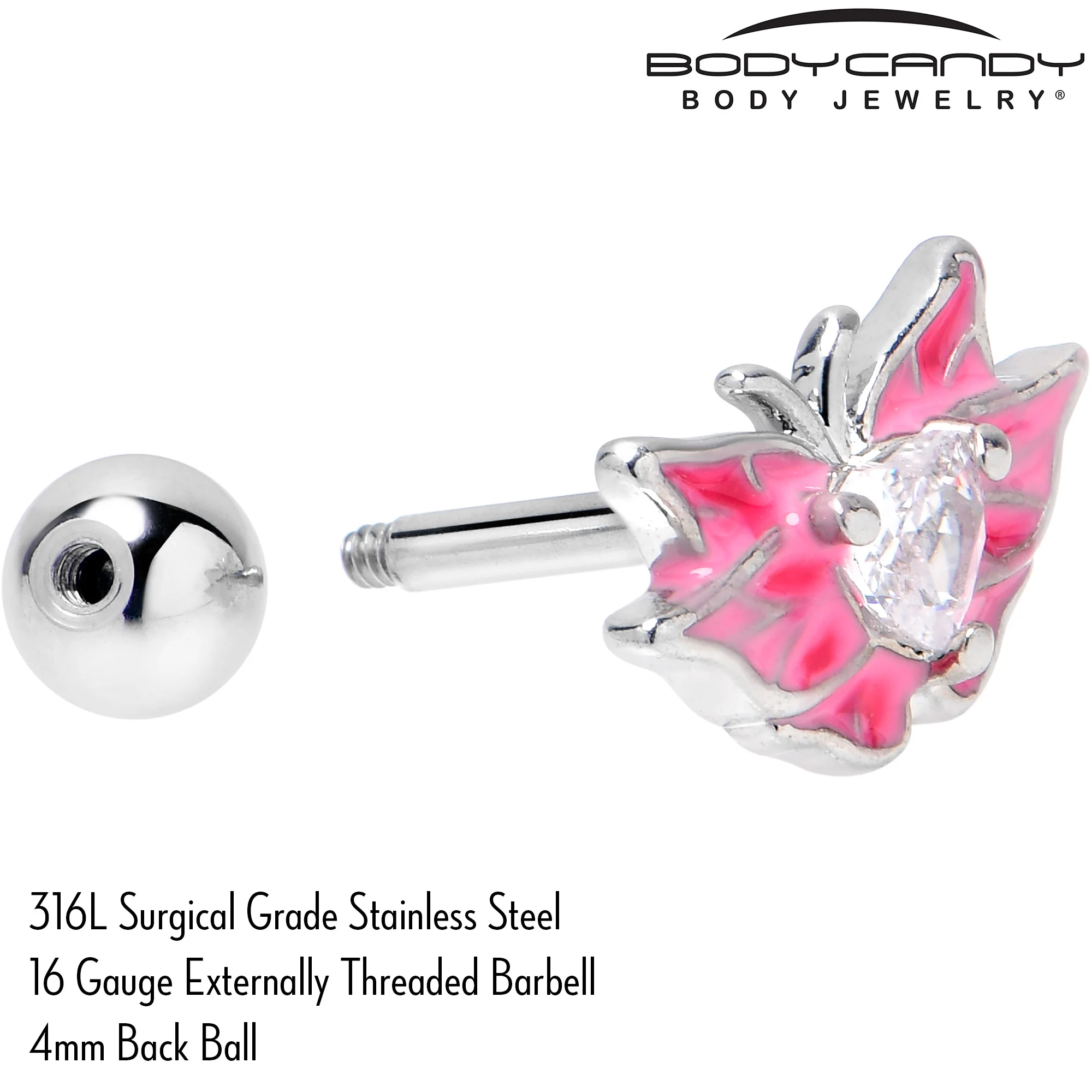 16G 1/4 Clear Gem Heart Pink Butterfly Cartilage Tragus Earring - Image 4