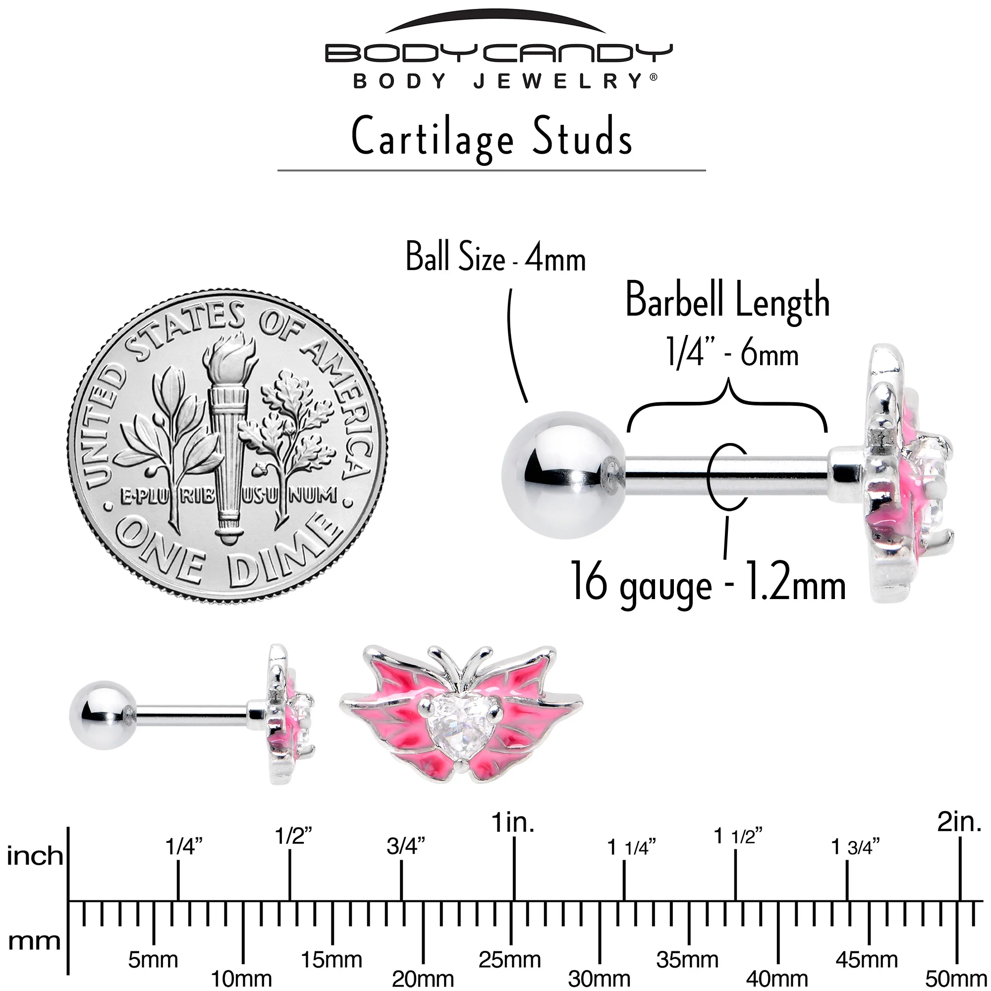 16G 1/4 Clear Gem Heart Pink Butterfly Cartilage Tragus Earring - Image 5