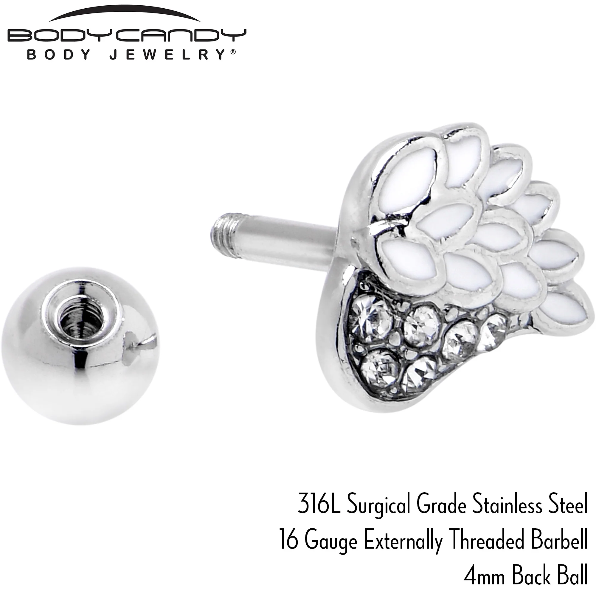 16G 1/4 Clear Gem Heavenly Heart Angel Wing White Cartilage Stud - Image 6
