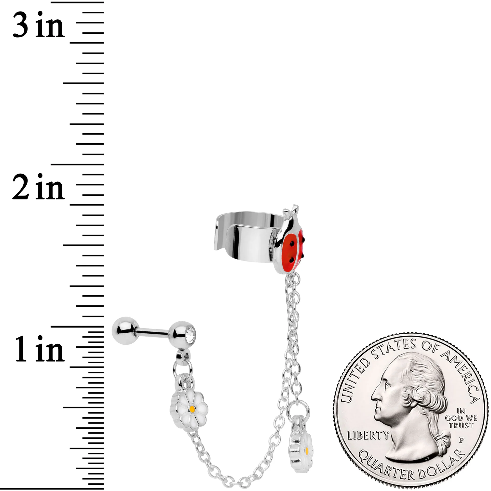 16G 1/4 Clear Gem Ladybug Flower Left Cuff Chain Cartilage Ring - Image 4