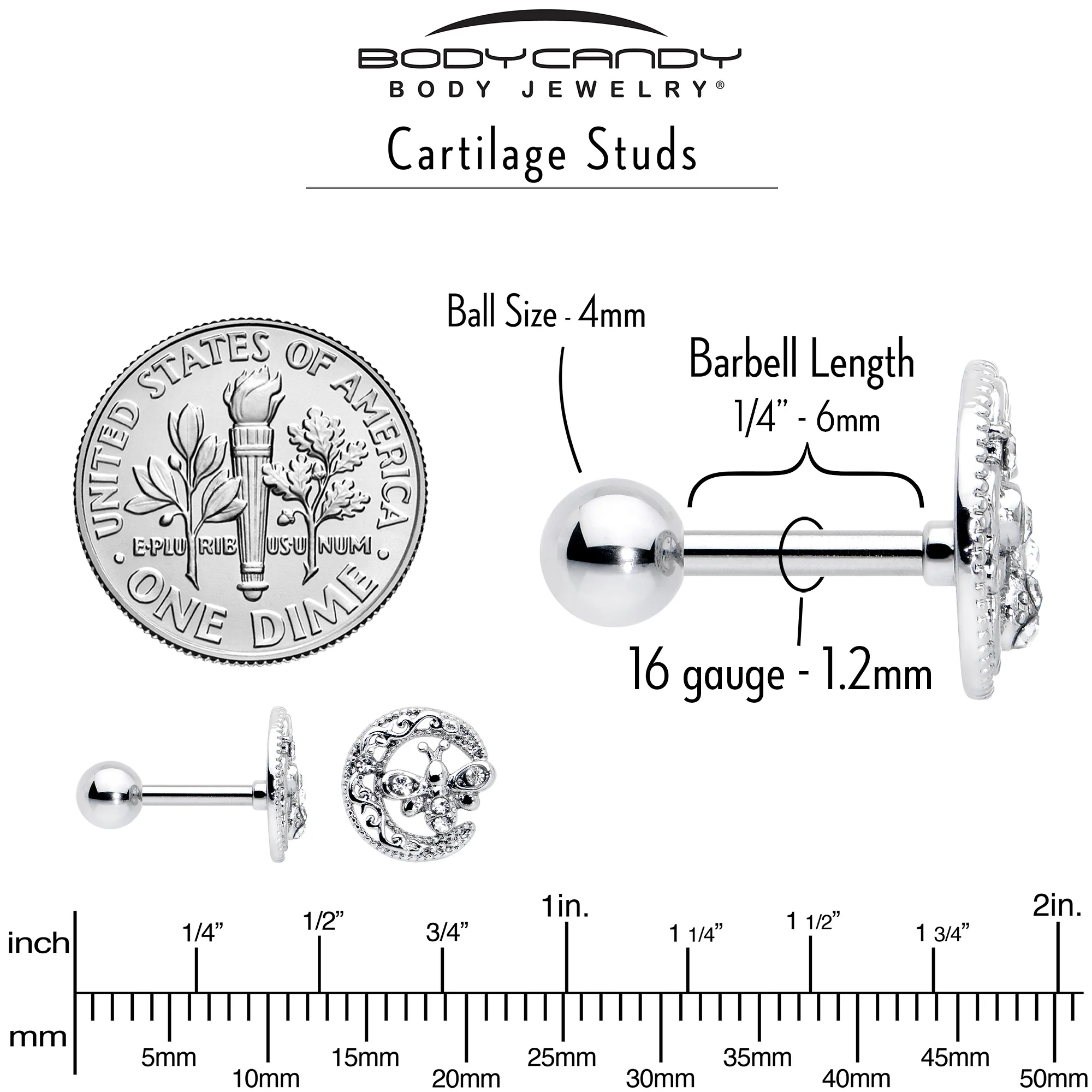 16G 1/4 Clear Gem Lunar Dragonfly Cartilage Tragus Earring - Image 6