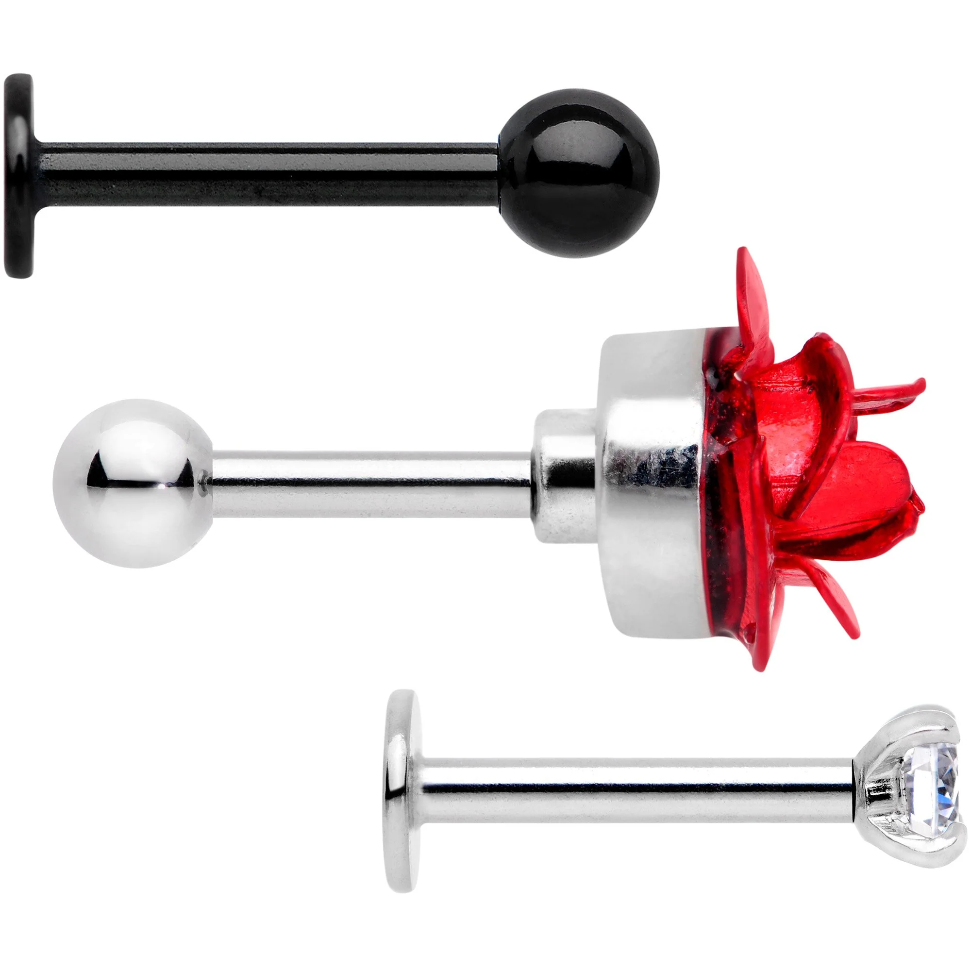16G 1/4 Clear Gem Red Rose Flower Cartilage Tragus Earring Set of 3 - Image 2