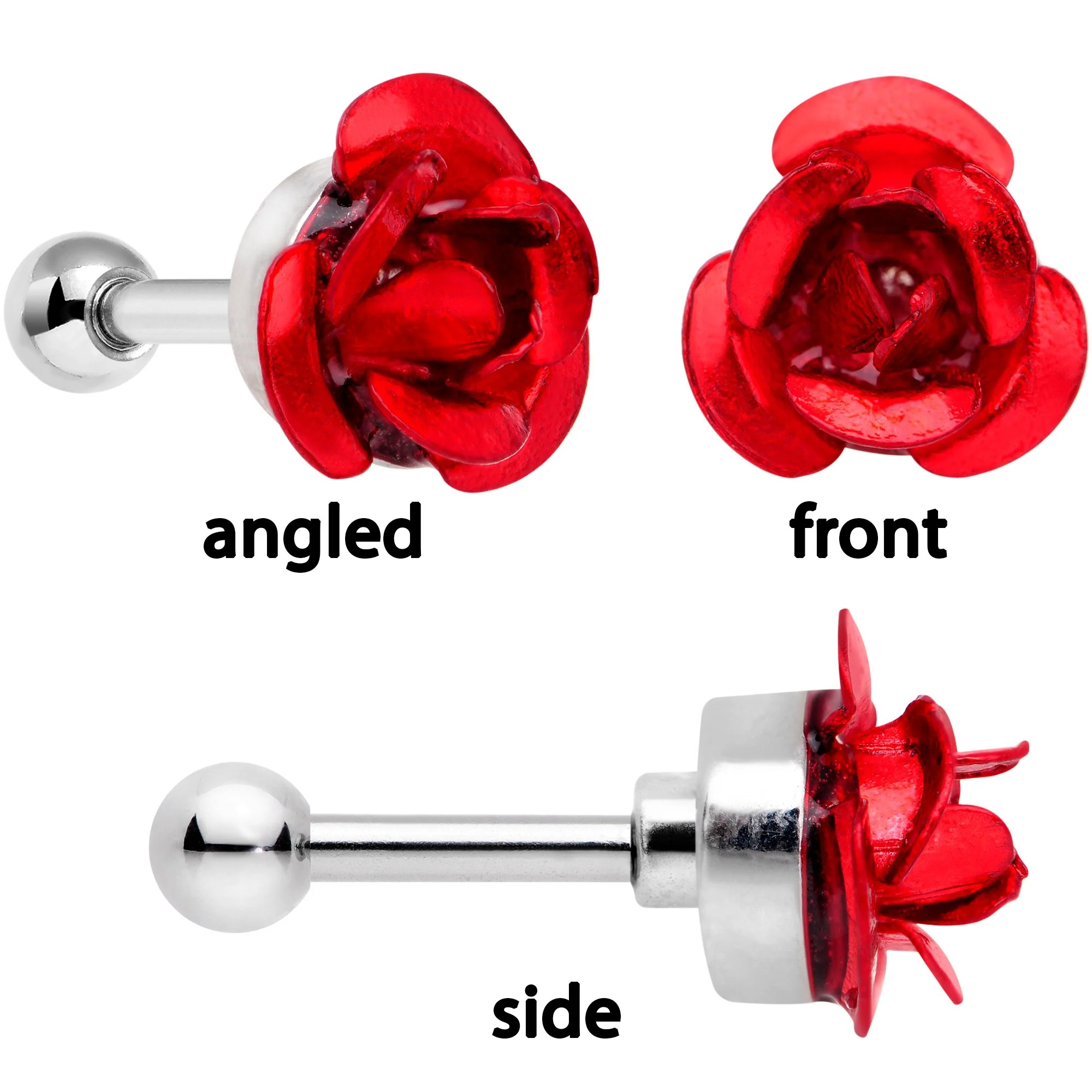16G 1/4 Clear Gem Red Rose Flower Cartilage Tragus Earring Set of 3 - Image 3