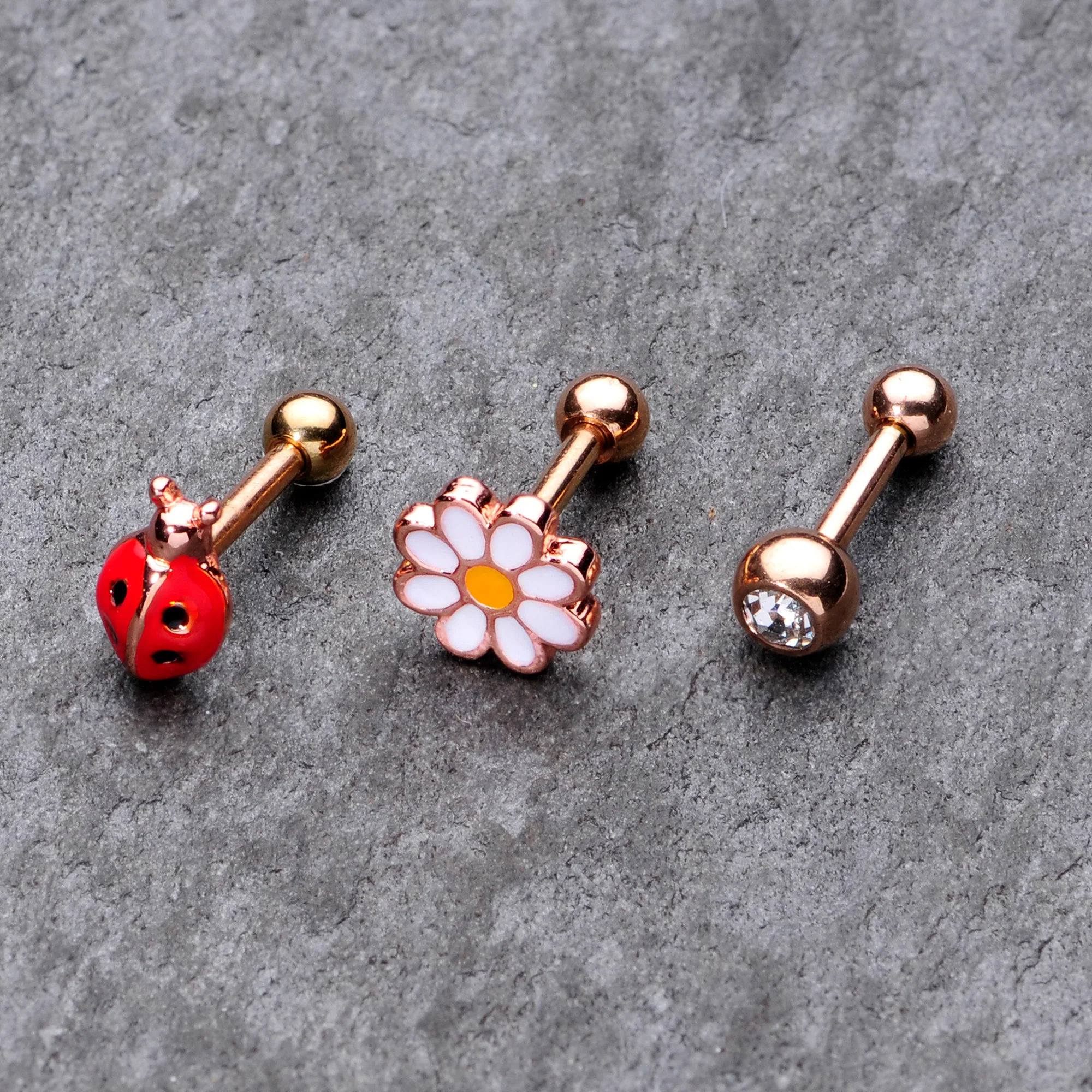 16G 1/4 Clear Gem Rose Gold Hue Ladybug Cartilage Tragus Set of 3 - Image 2