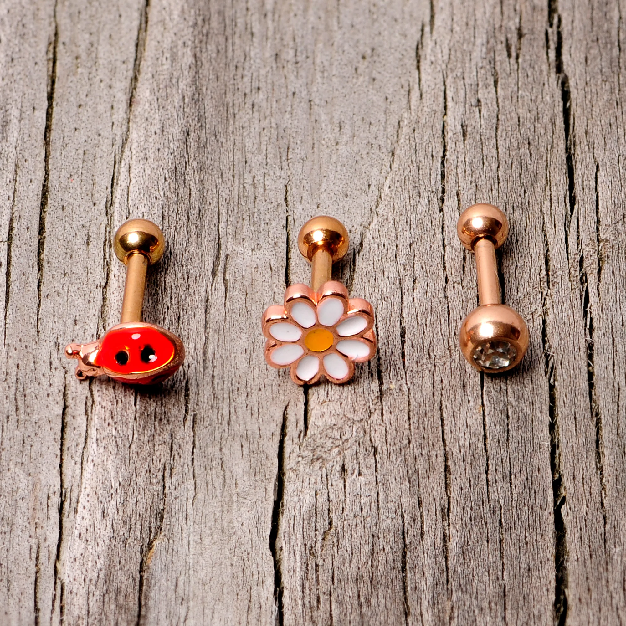 16G 1/4 Clear Gem Rose Gold Hue Ladybug Cartilage Tragus Set of 3 - Image 3