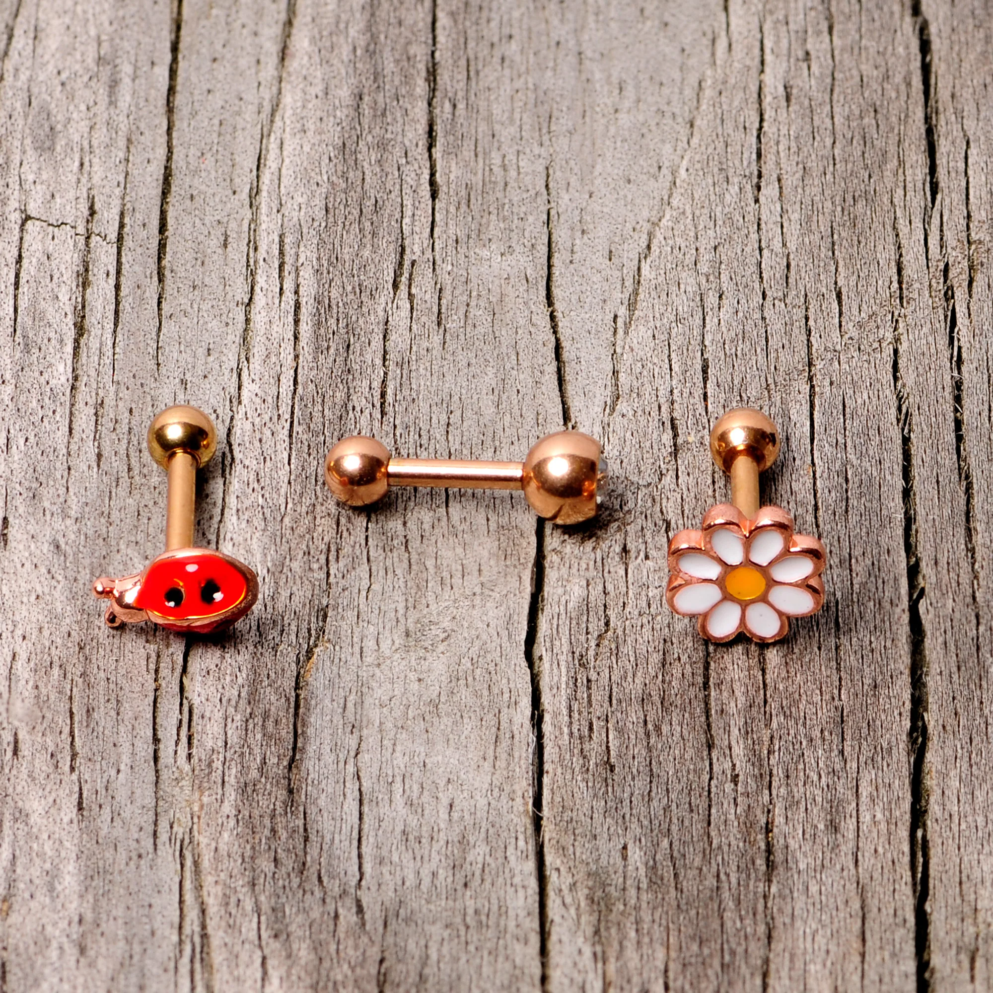 16G 1/4 Clear Gem Rose Gold Hue Ladybug Cartilage Tragus Set of 3 - Image 4