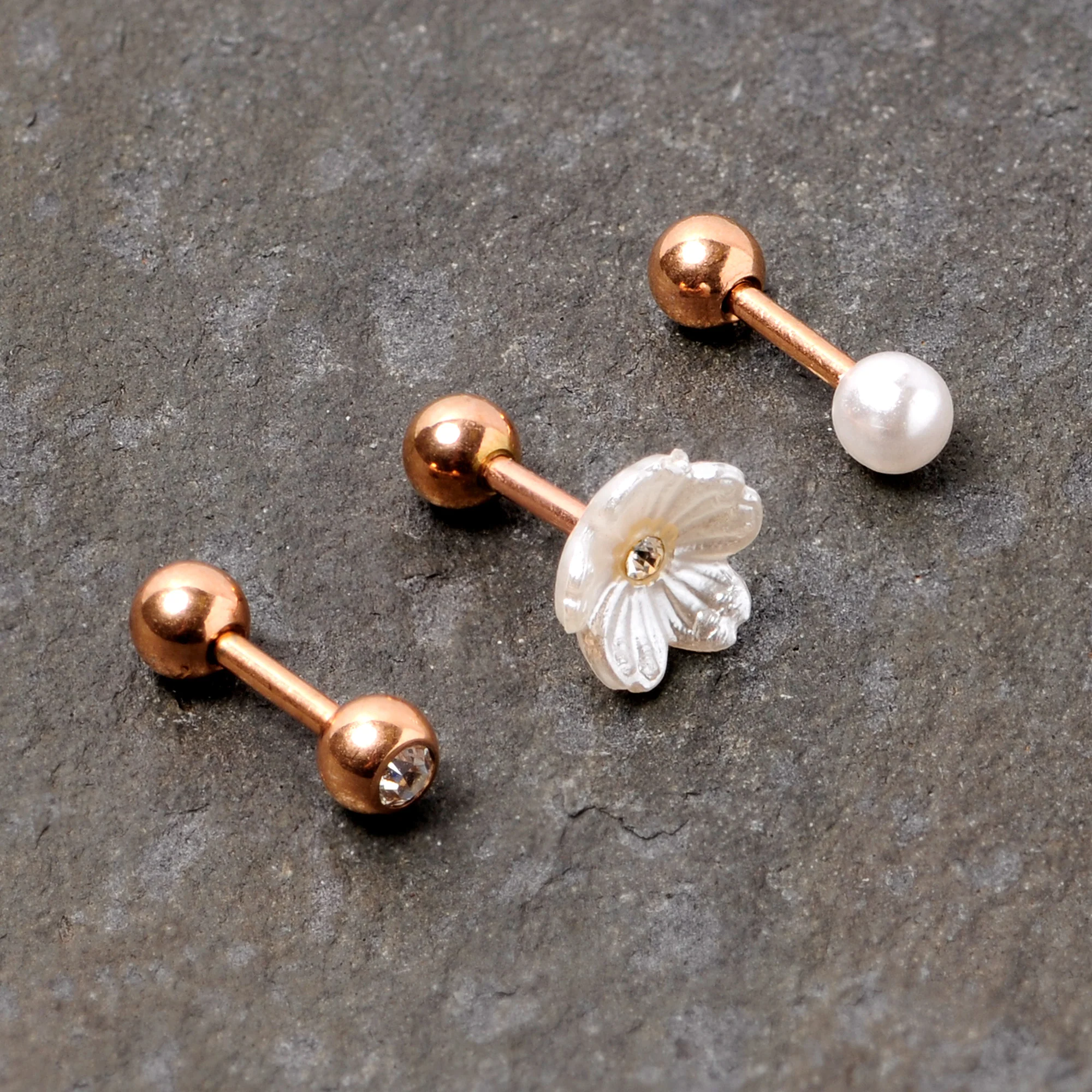 16G 1/4 Clear Gem Rose Gold Tone Flower Cartilage Tragus Curation Set of 3 - Image 2