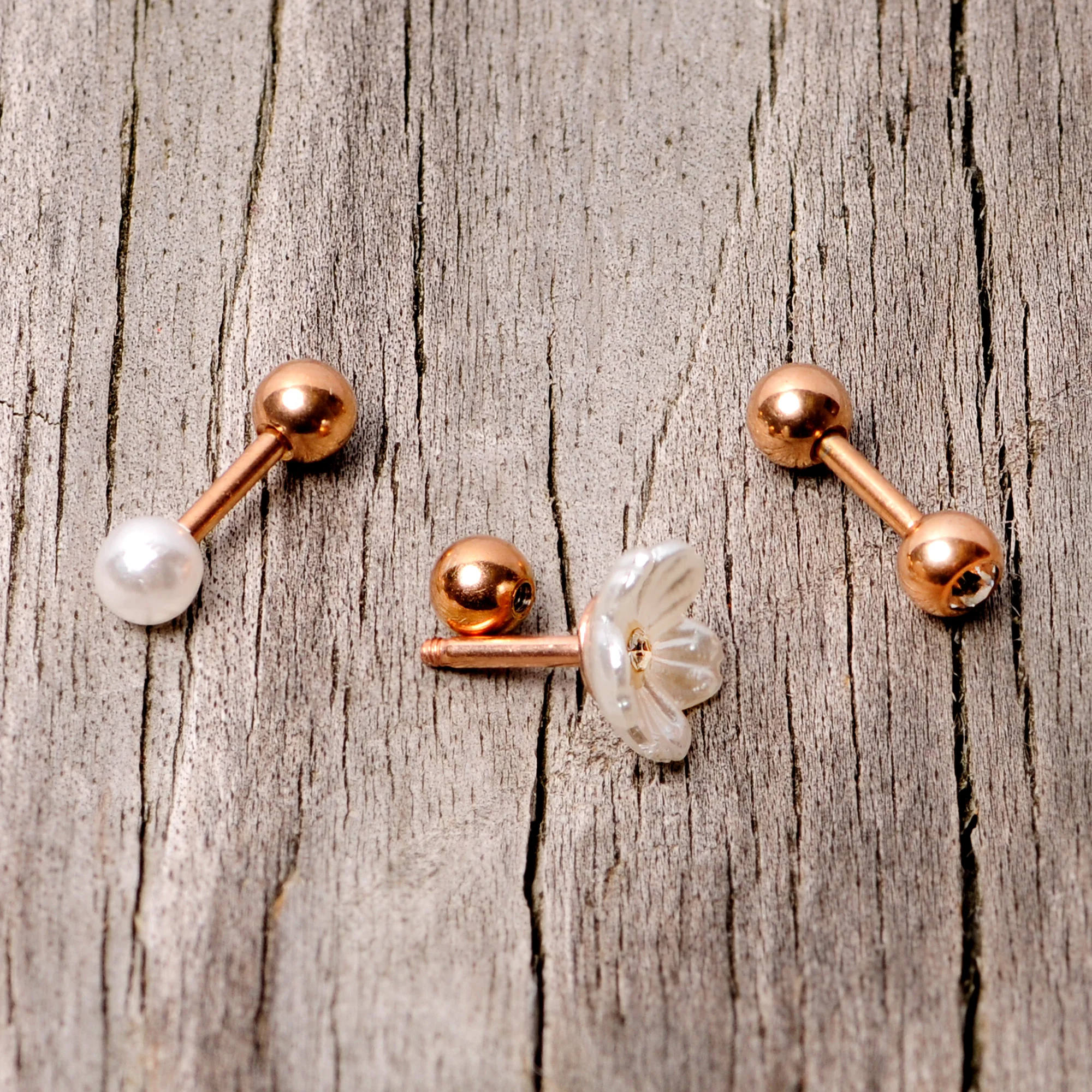 16G 1/4 Clear Gem Rose Gold Tone Flower Cartilage Tragus Curation Set of 3 - Image 4