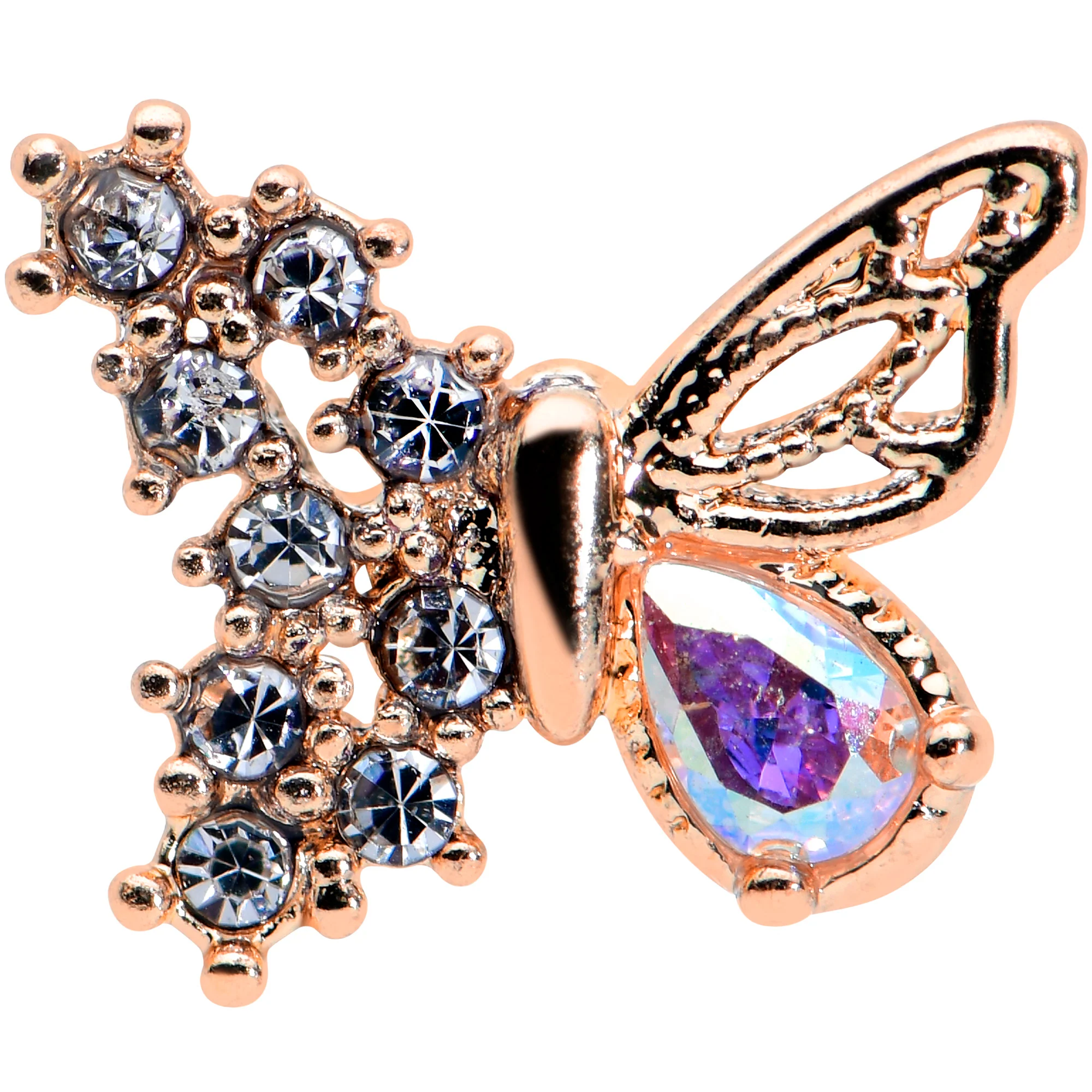 16G 1/4 Clear Gem Rose Gold Tone Glam Butterfly Cartilage Tragus - Image 2