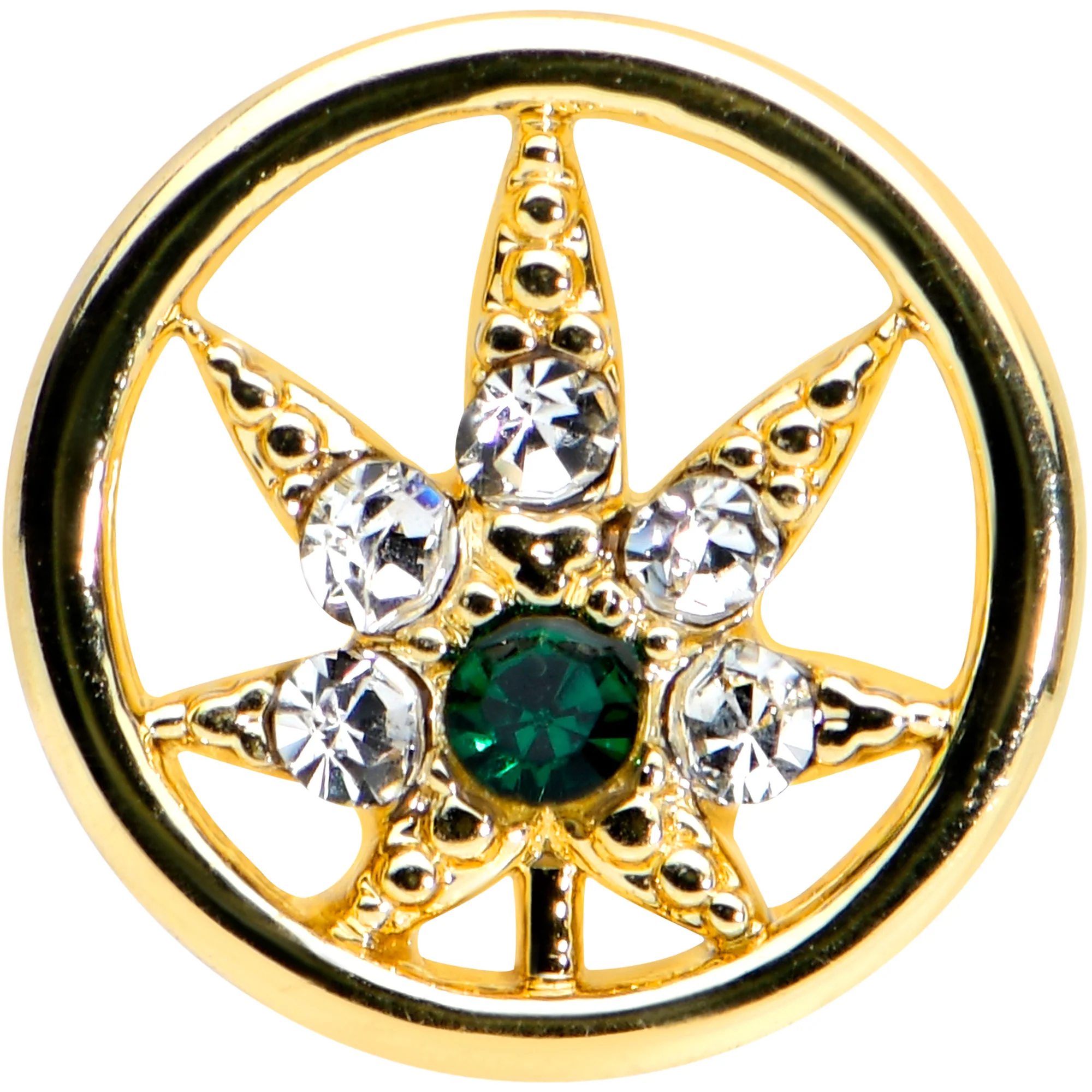 16G 1/4 Clear Green Gem Gold Hue Pot Leaf Circle Cartilage Tragus - Image 2