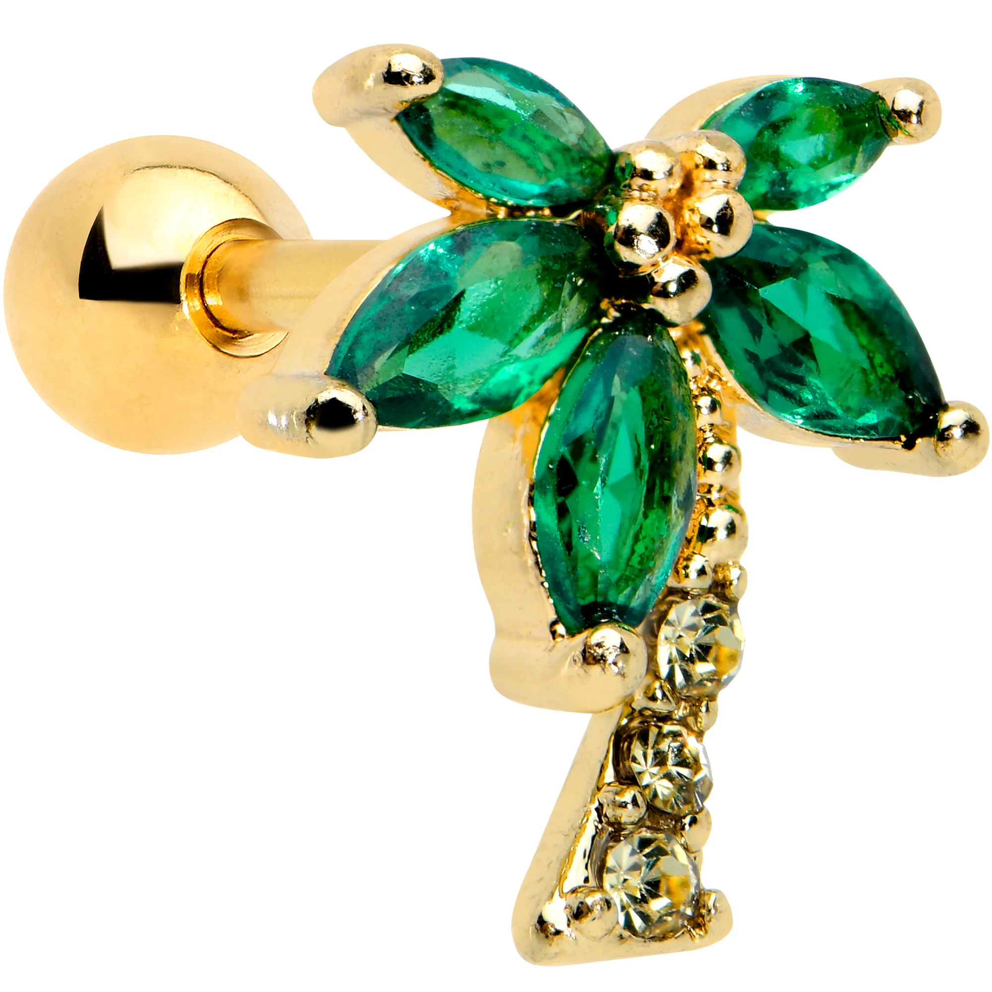 16G 1/4 Clear Green Gem Gold Tone Palm Tree Cartilage Tragus