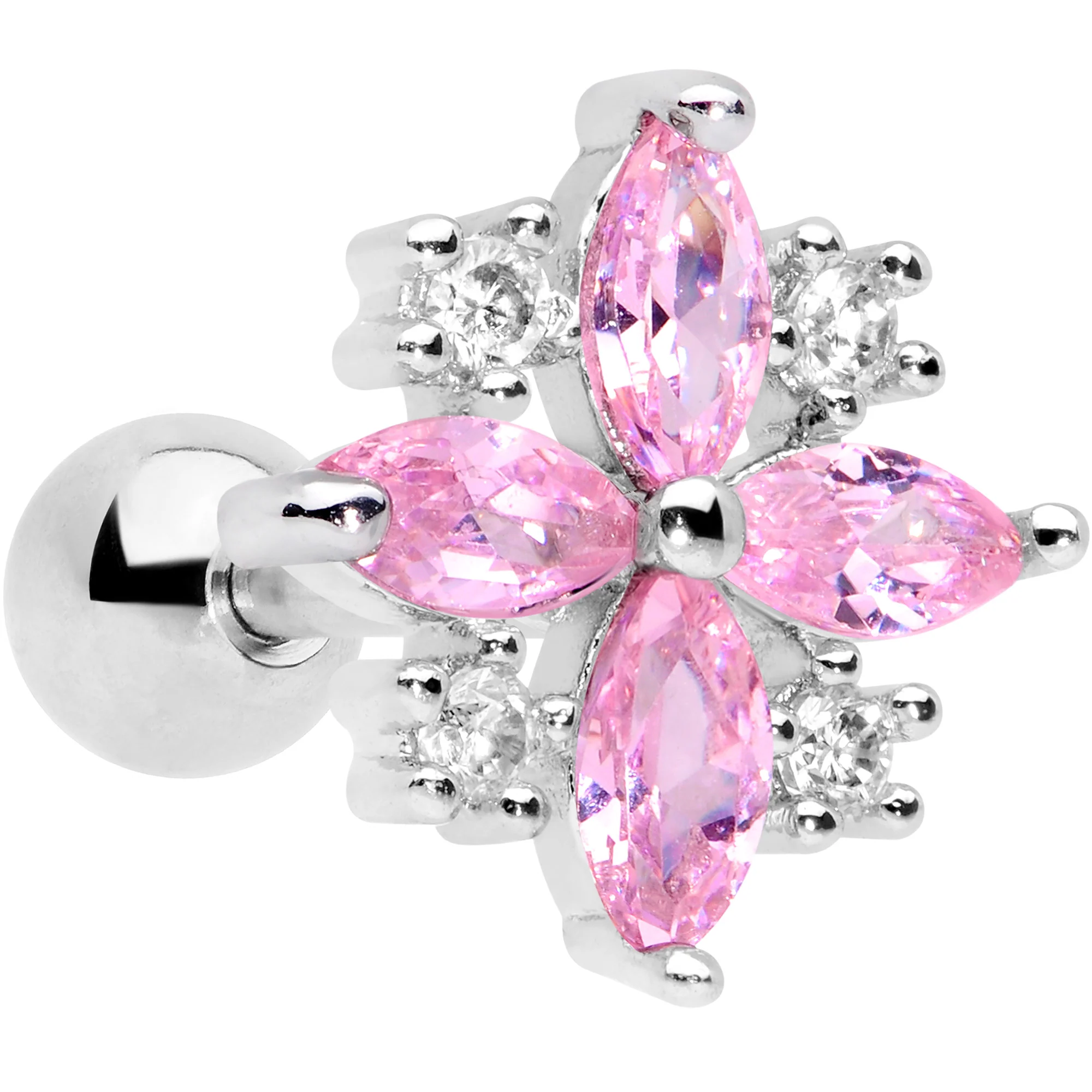 16G 1/4 Clear Pink CZ Gem Star Burst Cartilage Tragus