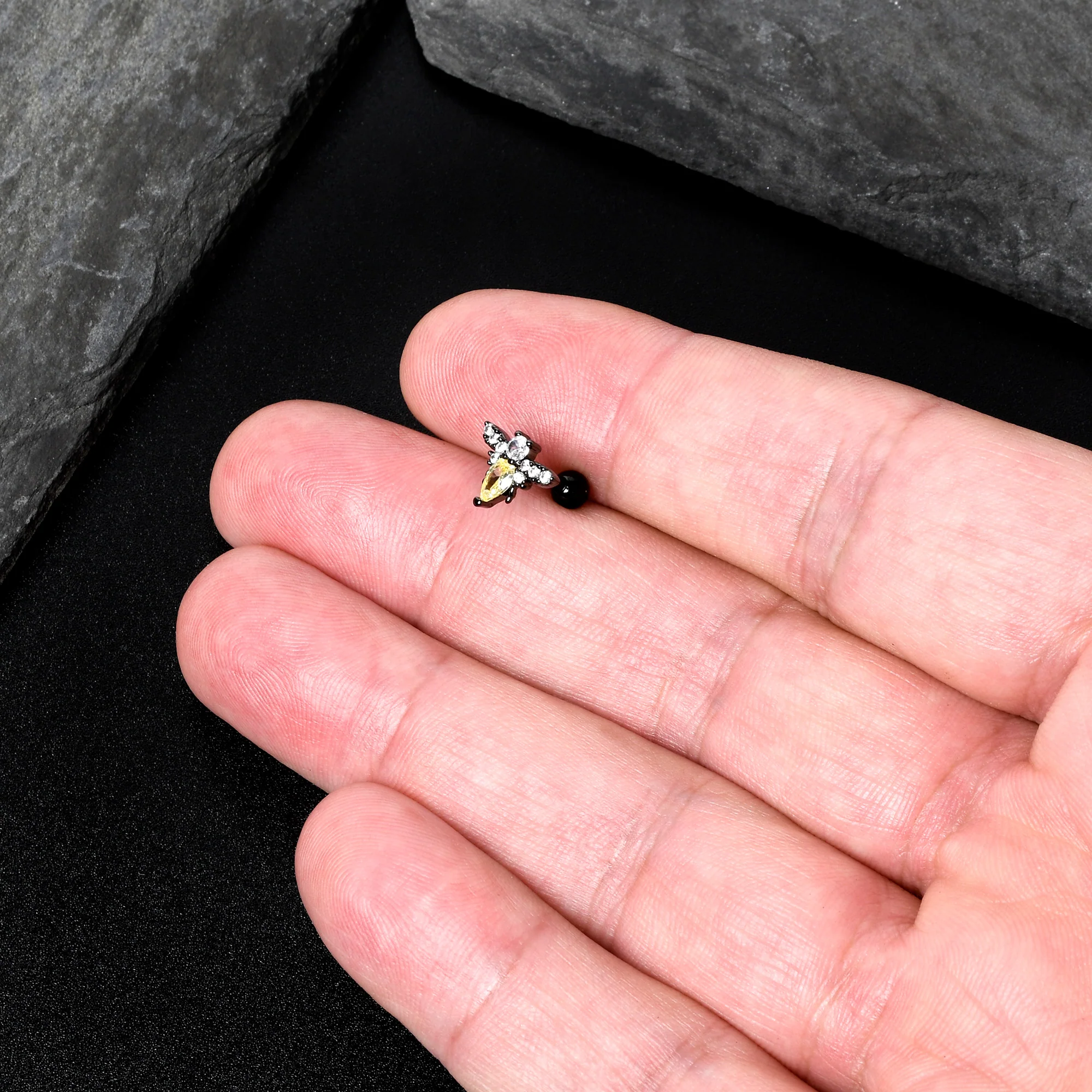 16G 1/4 Clear Yellow Gem Black Butterfly Cartilage Tragus Earring - Image 8