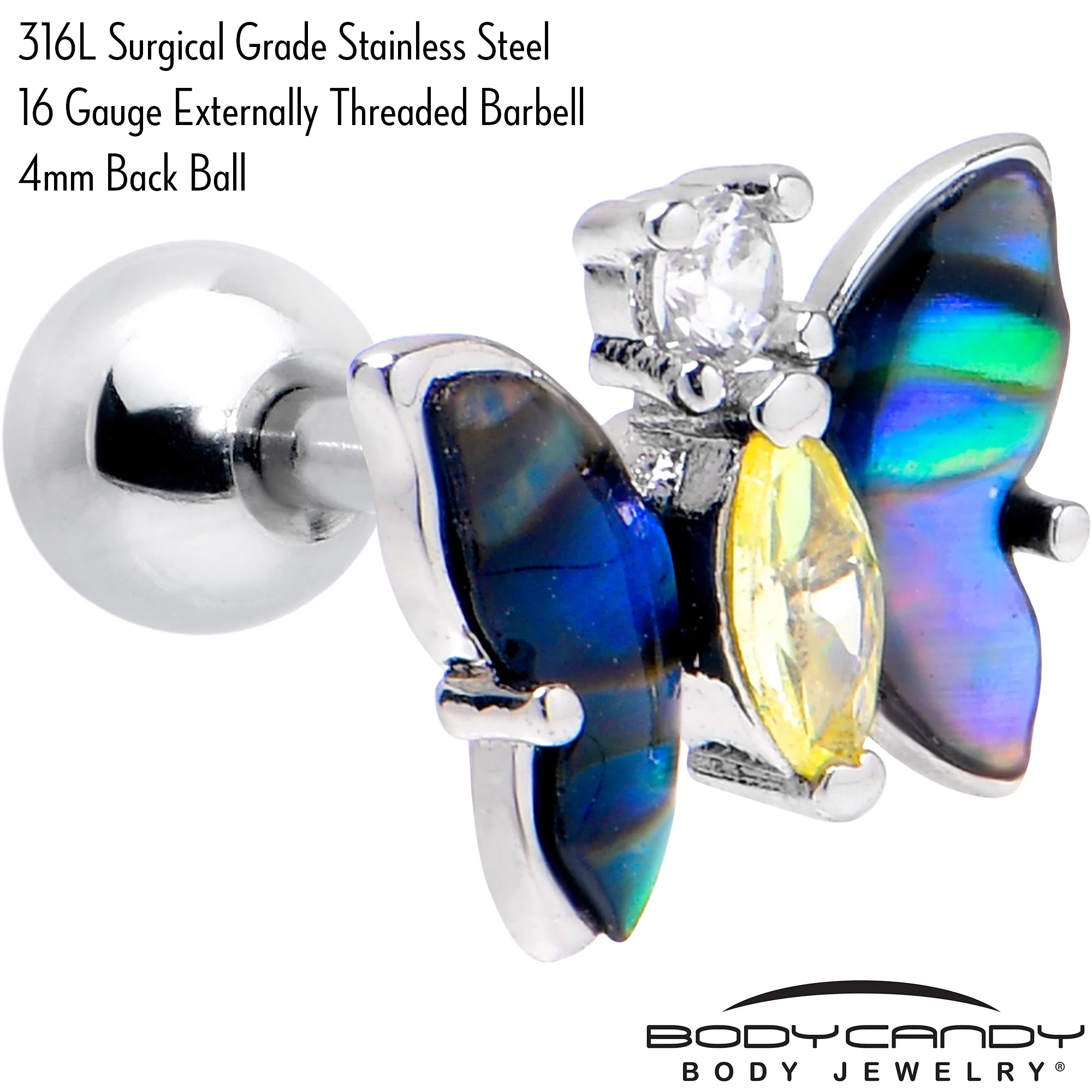 16G 1/4 Clear Yellow Gem Dark Butterfly Cartilage Tragus Earring - Image 4