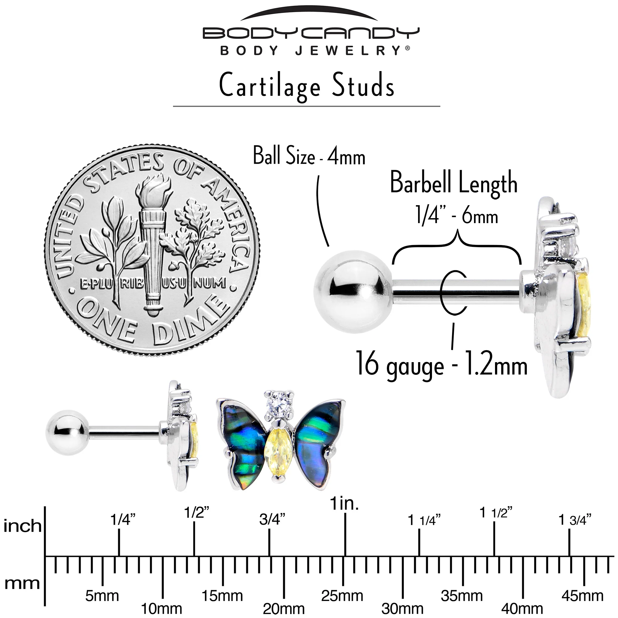 16G 1/4 Clear Yellow Gem Dark Butterfly Cartilage Tragus Earring - Image 5