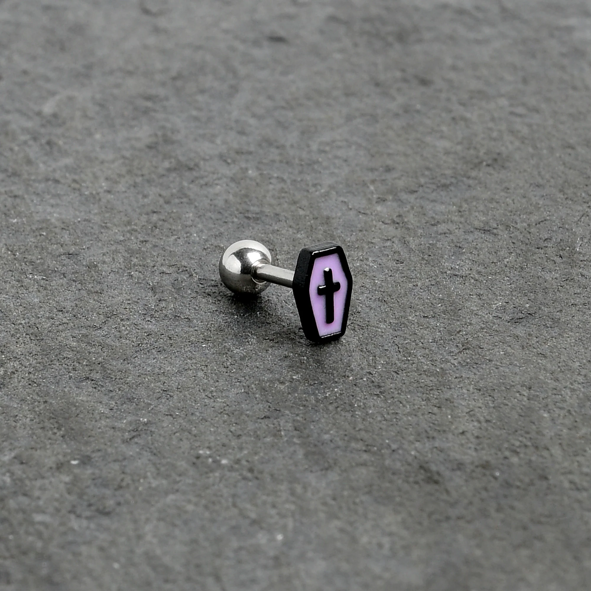 16G 1/4 Creepy Coffin Lt Purple Glow in Dark Cartilage Earring - Image 6