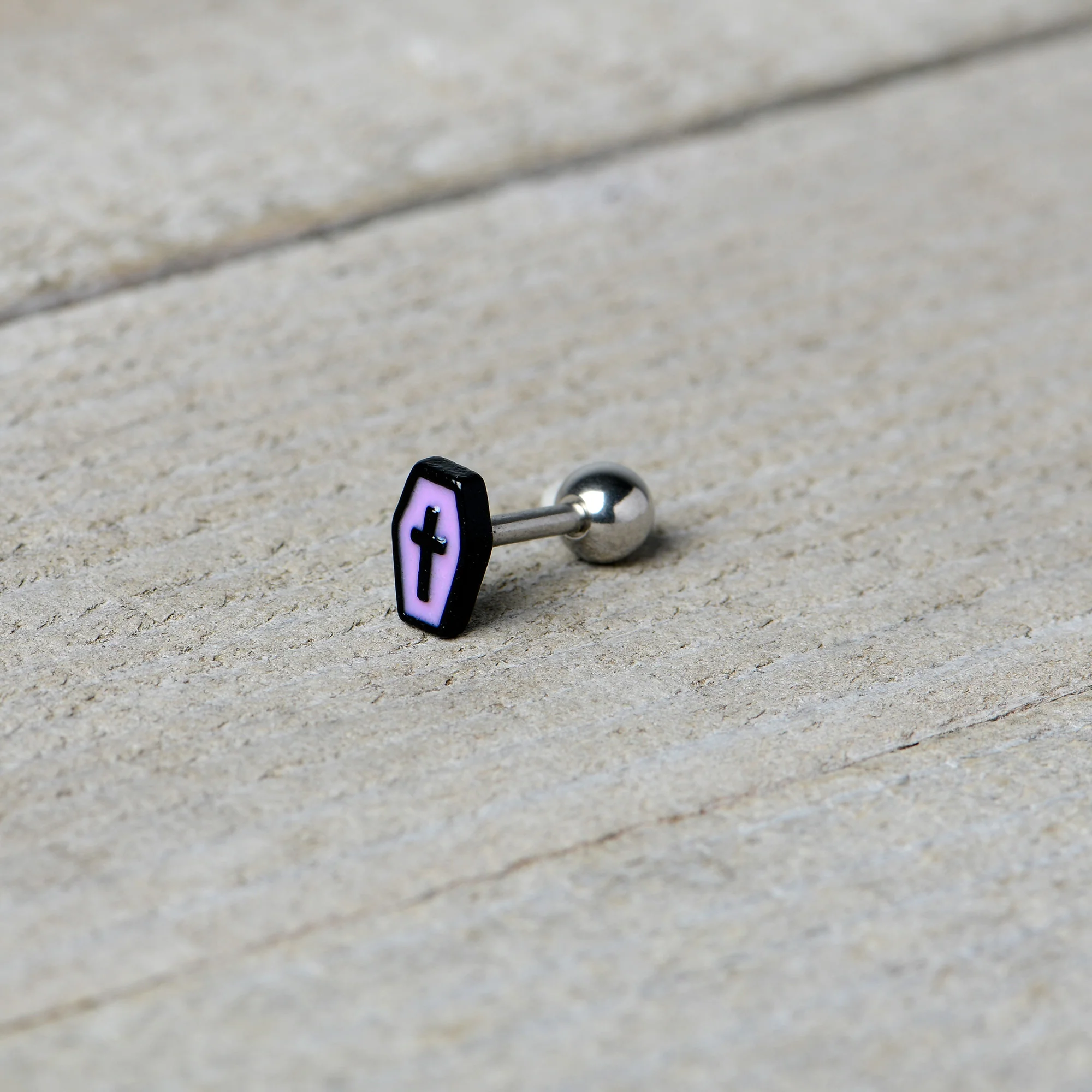 16G 1/4 Creepy Coffin Lt Purple Glow in Dark Cartilage Earring - Image 7