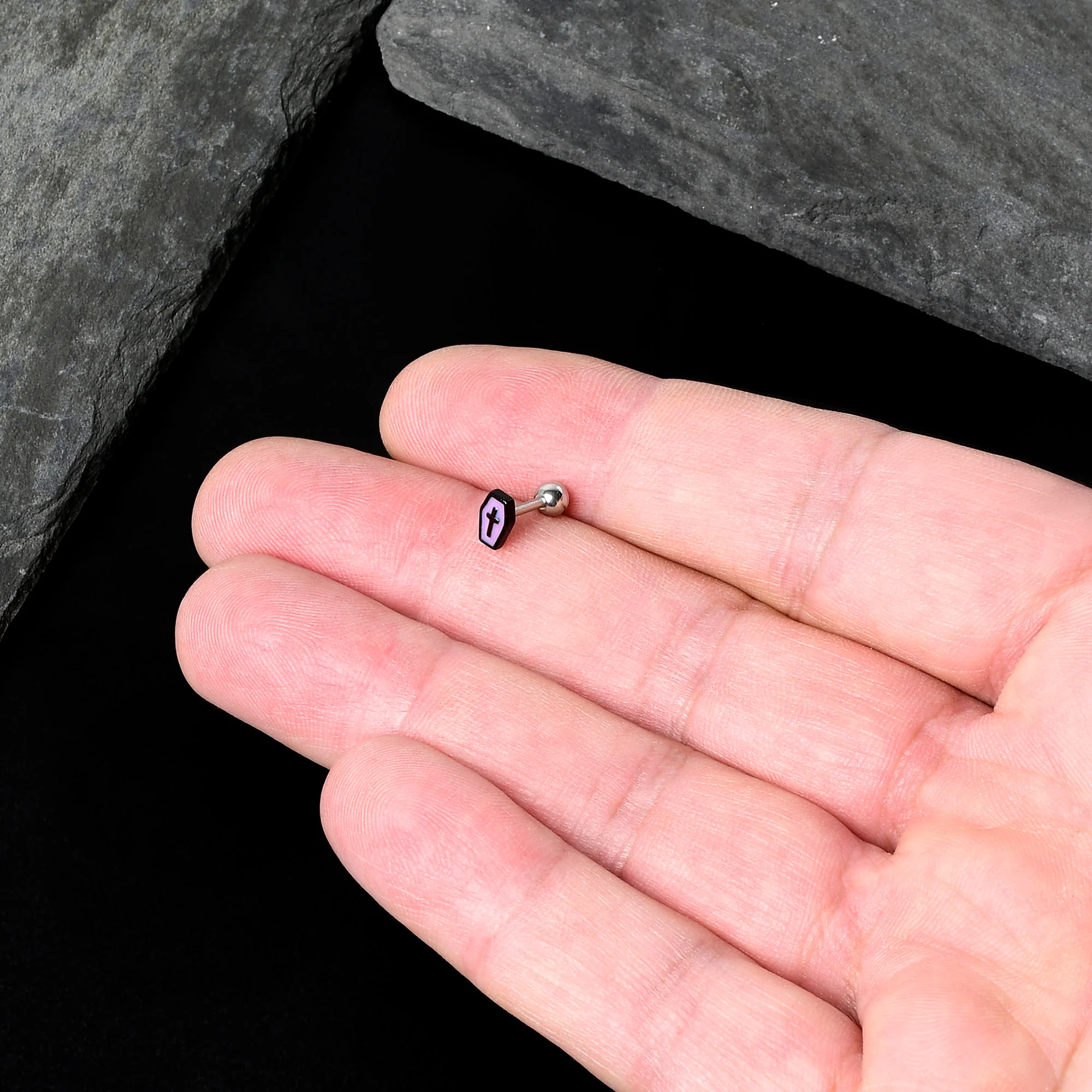 16G 1/4 Creepy Coffin Lt Purple Glow in Dark Cartilage Earring - Image 8