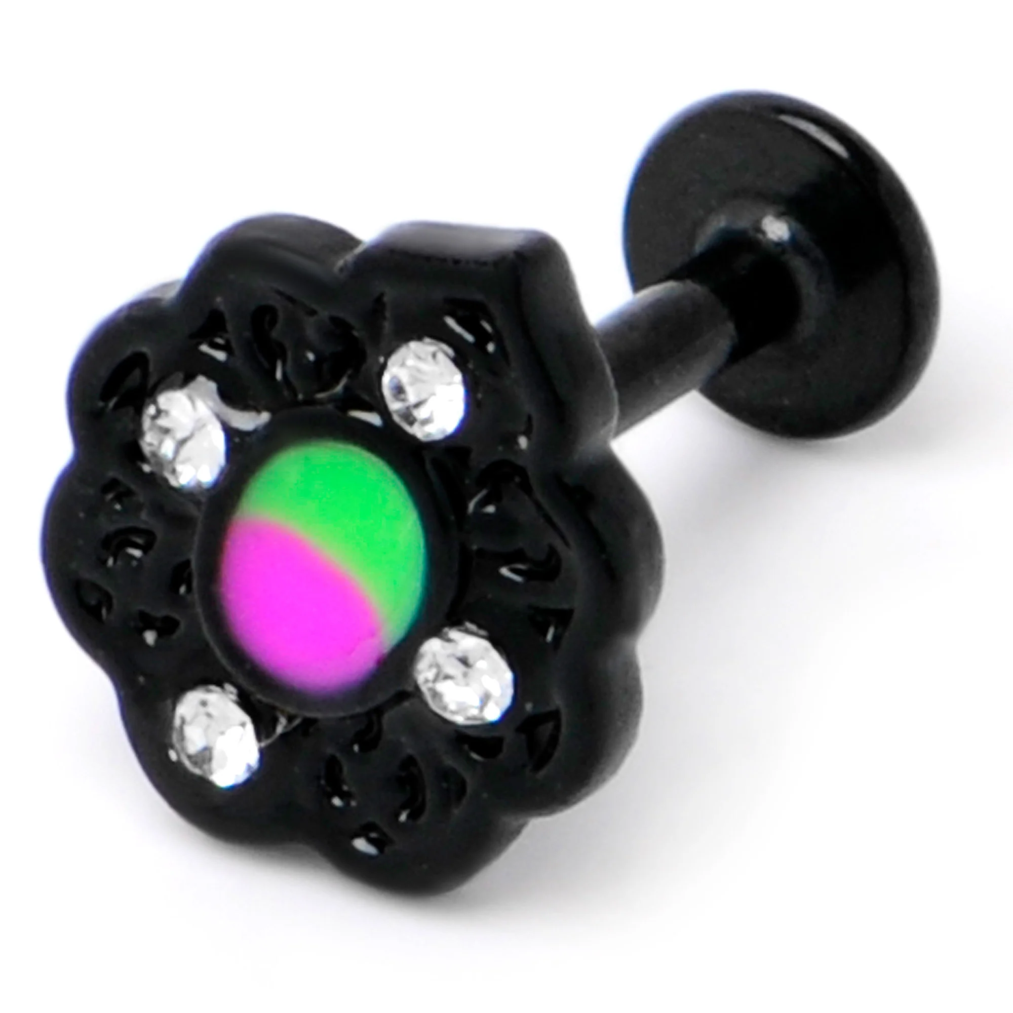 16G 1/4 CZ Faux Tourmaline Black Lacy Drop Labret - Image 5