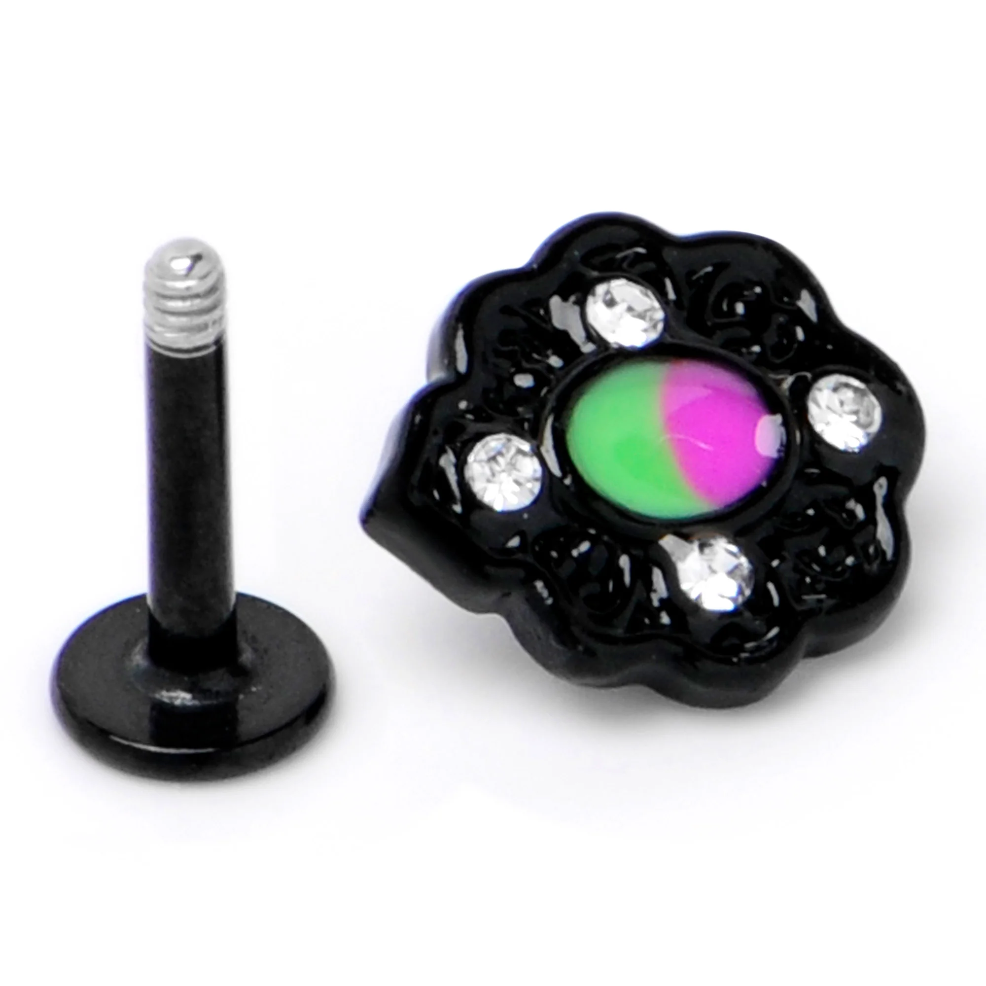 16G 1/4 CZ Faux Tourmaline Black Lacy Drop Labret - Image 6