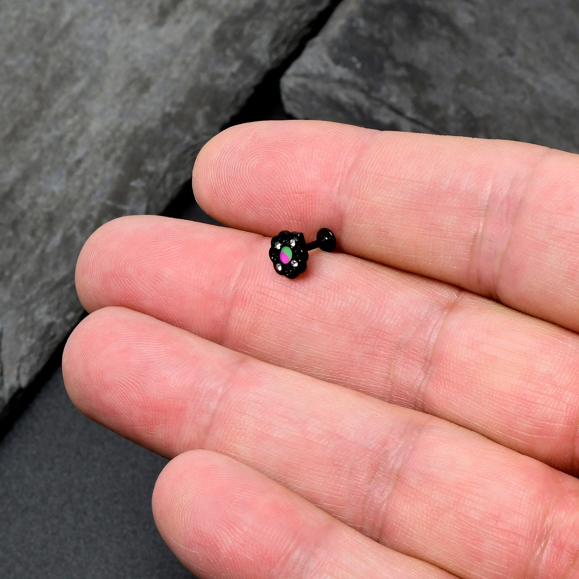 16G 1/4 CZ Faux Tourmaline Black Lacy Drop Labret - Image 7