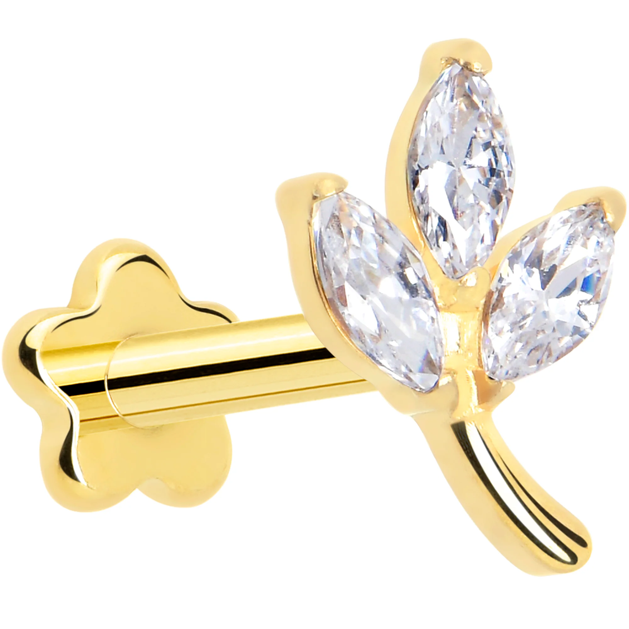 16G 1/4 CZ Gem Leaves Gold PVD Medical Grade Titanium Reversible Flat Back Earring - Image 2