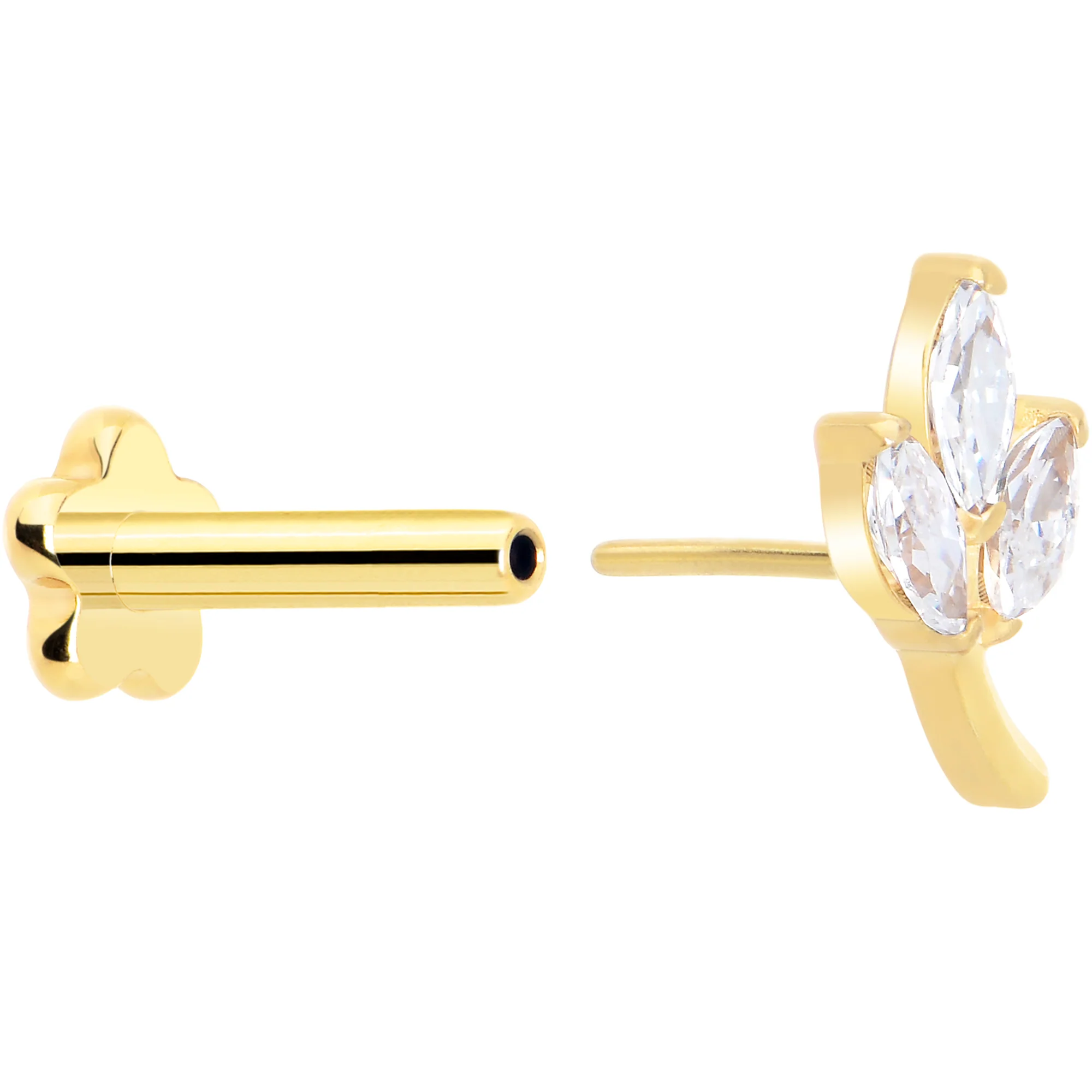 16G 1/4 CZ Gem Leaves Gold PVD Medical Grade Titanium Reversible Flat Back Earring - Image 3