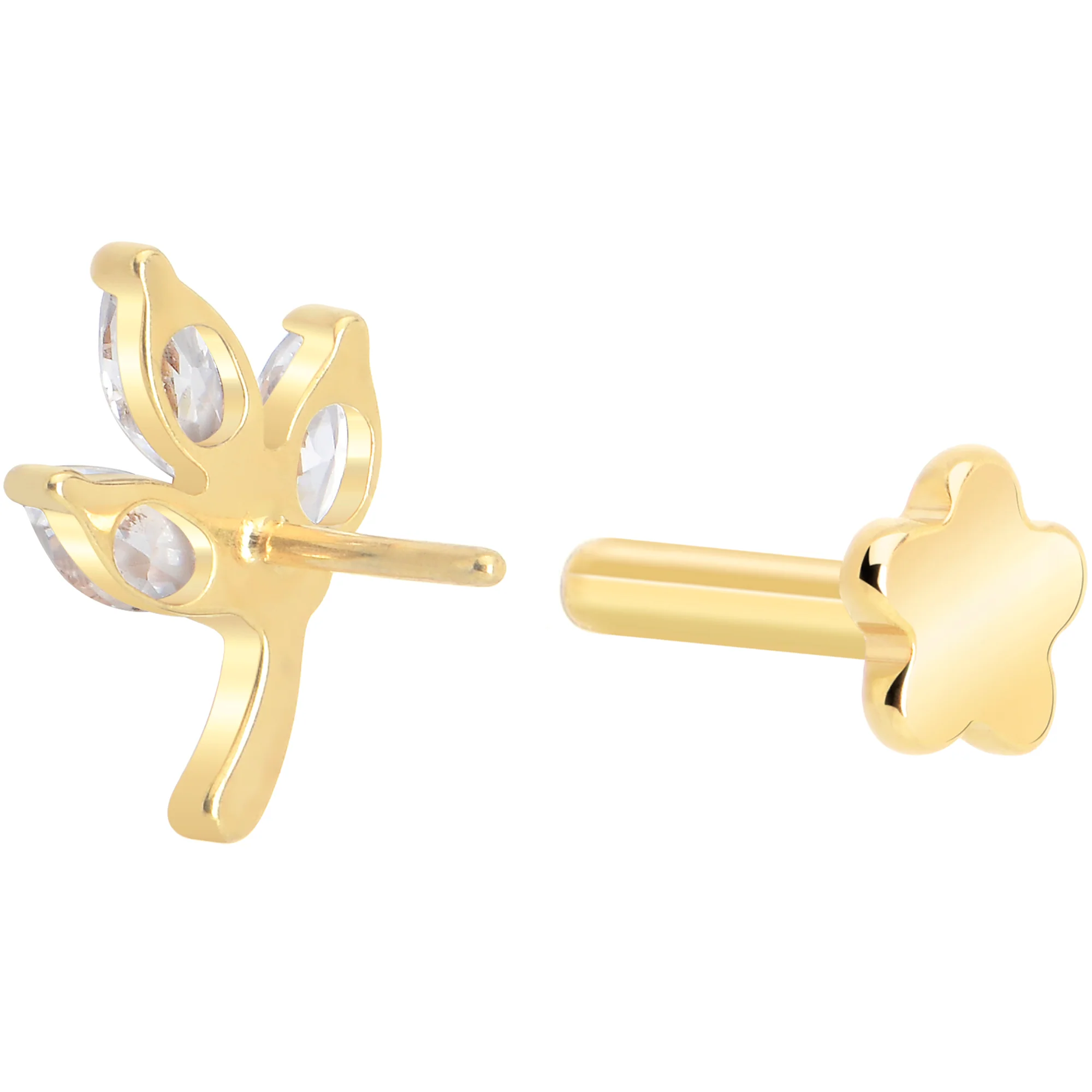 16G 1/4 CZ Gem Leaves Gold PVD Medical Grade Titanium Reversible Flat Back Earring - Image 5