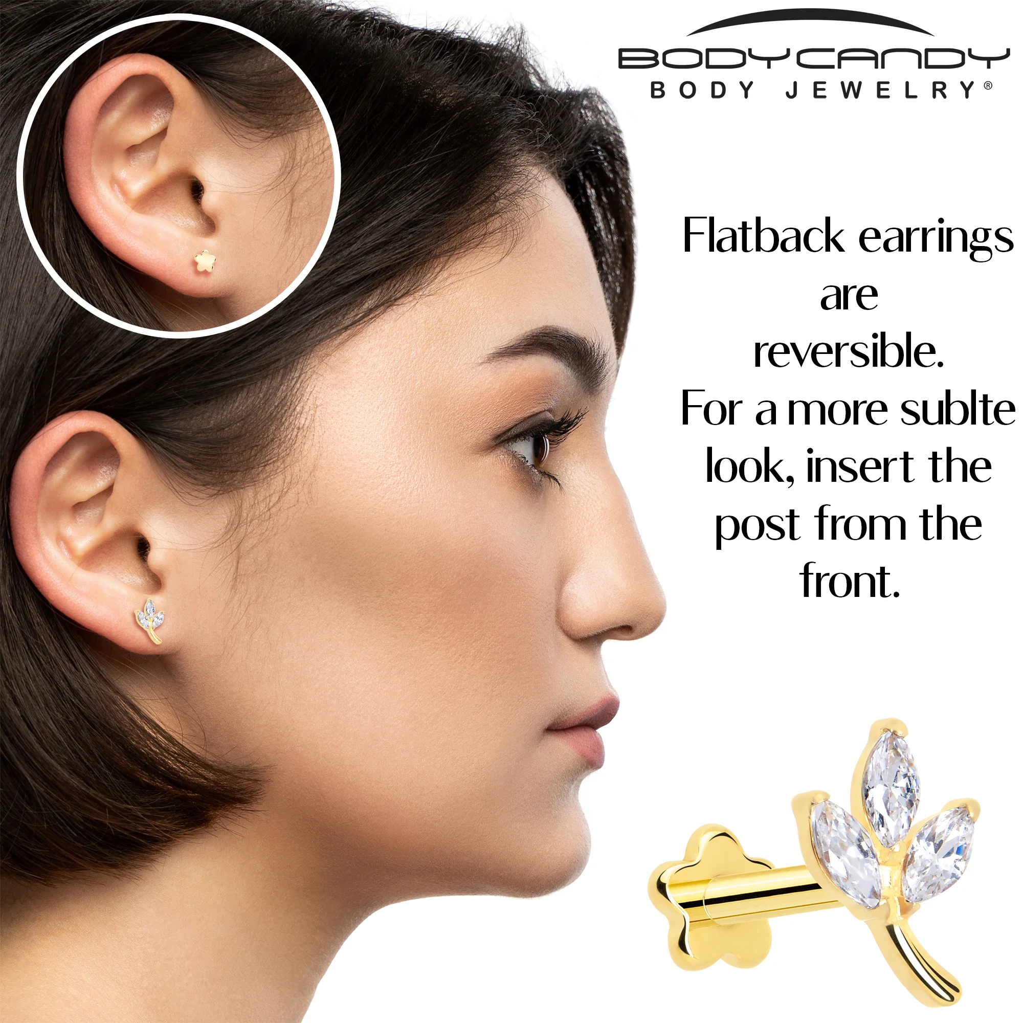 16G 1/4 CZ Gem Leaves Gold PVD Medical Grade Titanium Reversible Flat Back Earring - Image 7