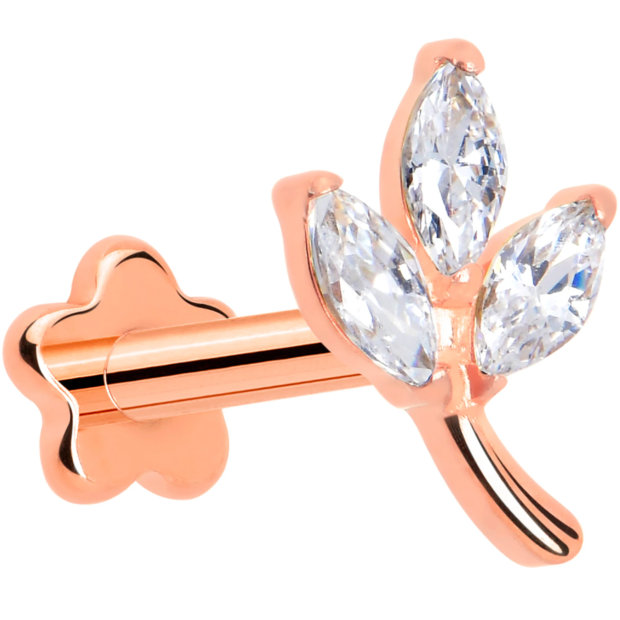 16G 1/4 CZ Gem Leaves Rose Gold PVD Medical Grade Titanium Reversible Flat Back Earring - Image 2