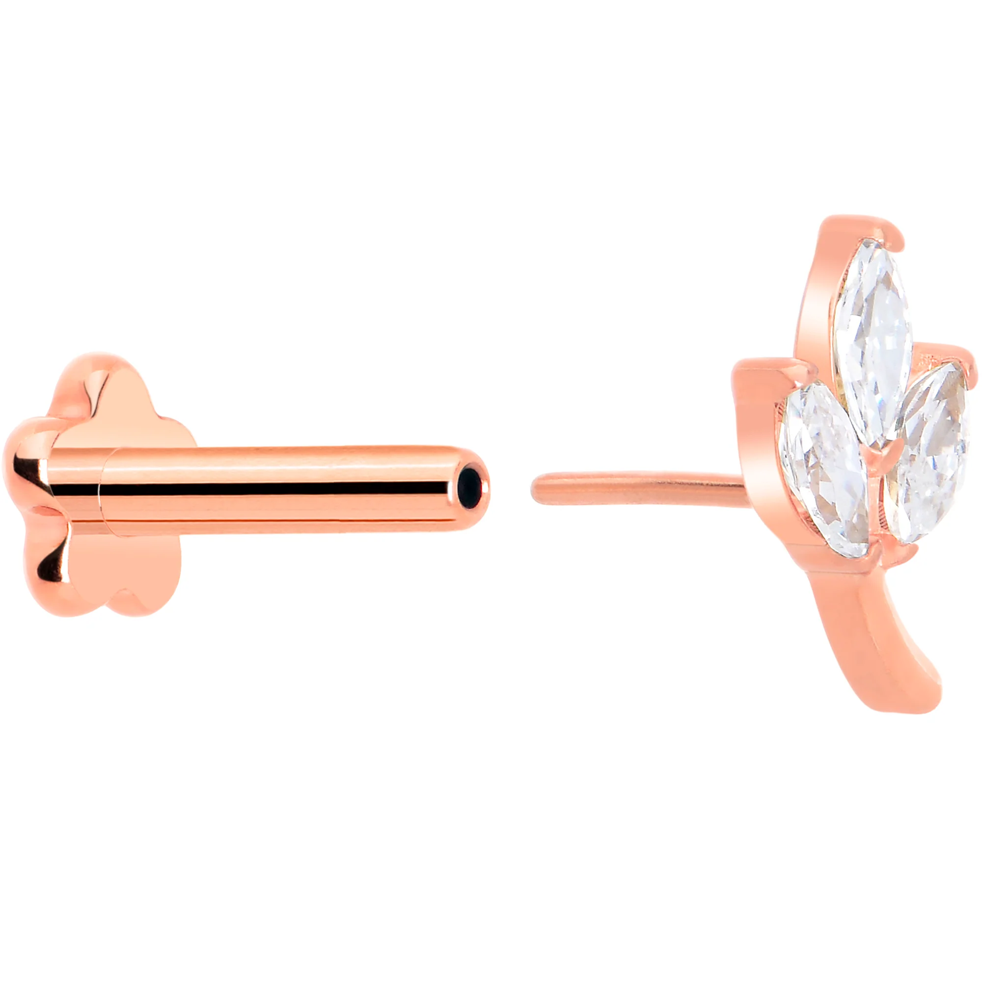 16G 1/4 CZ Gem Leaves Rose Gold PVD Medical Grade Titanium Reversible Flat Back Earring - Image 3