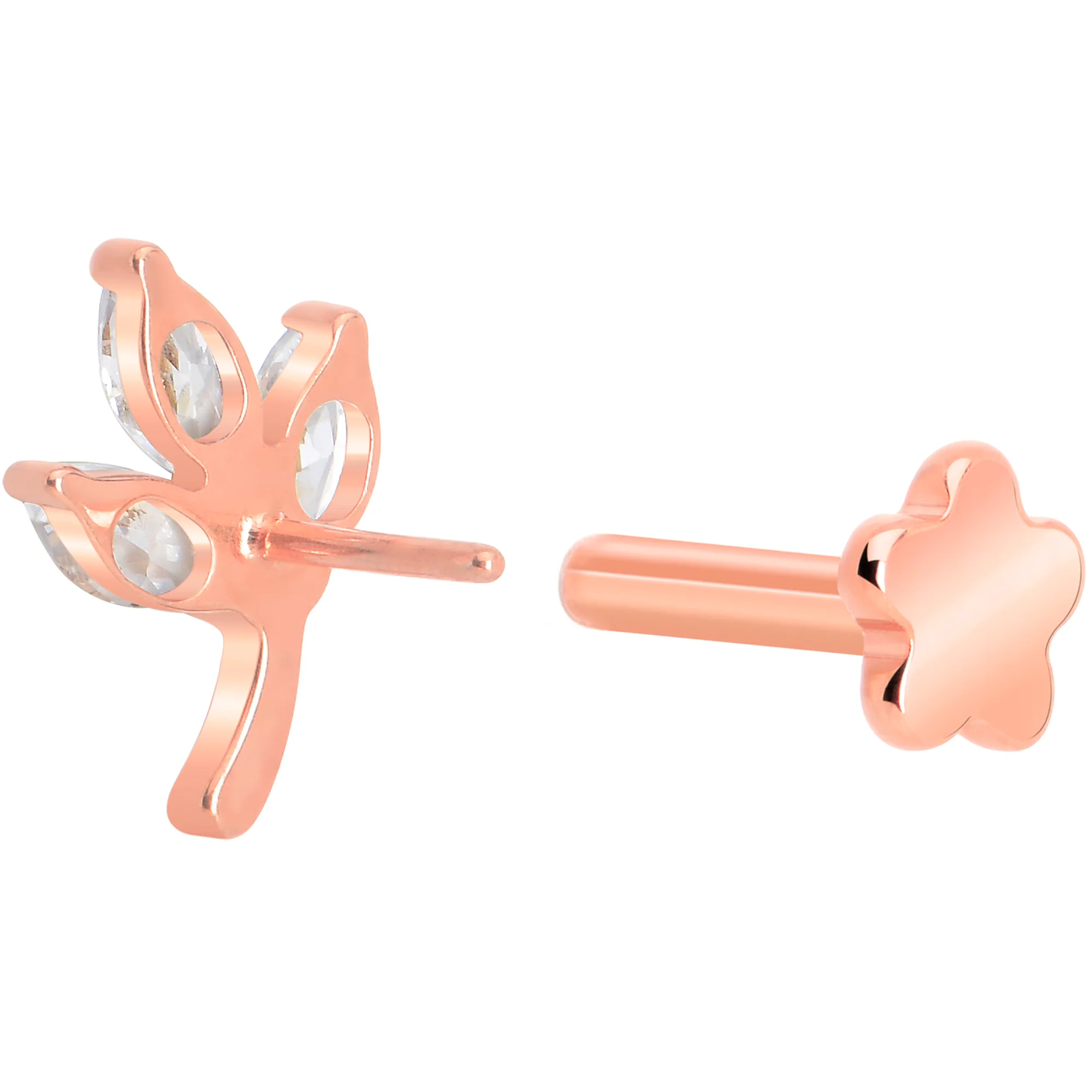 16G 1/4 CZ Gem Leaves Rose Gold PVD Medical Grade Titanium Reversible Flat Back Earring - Image 5