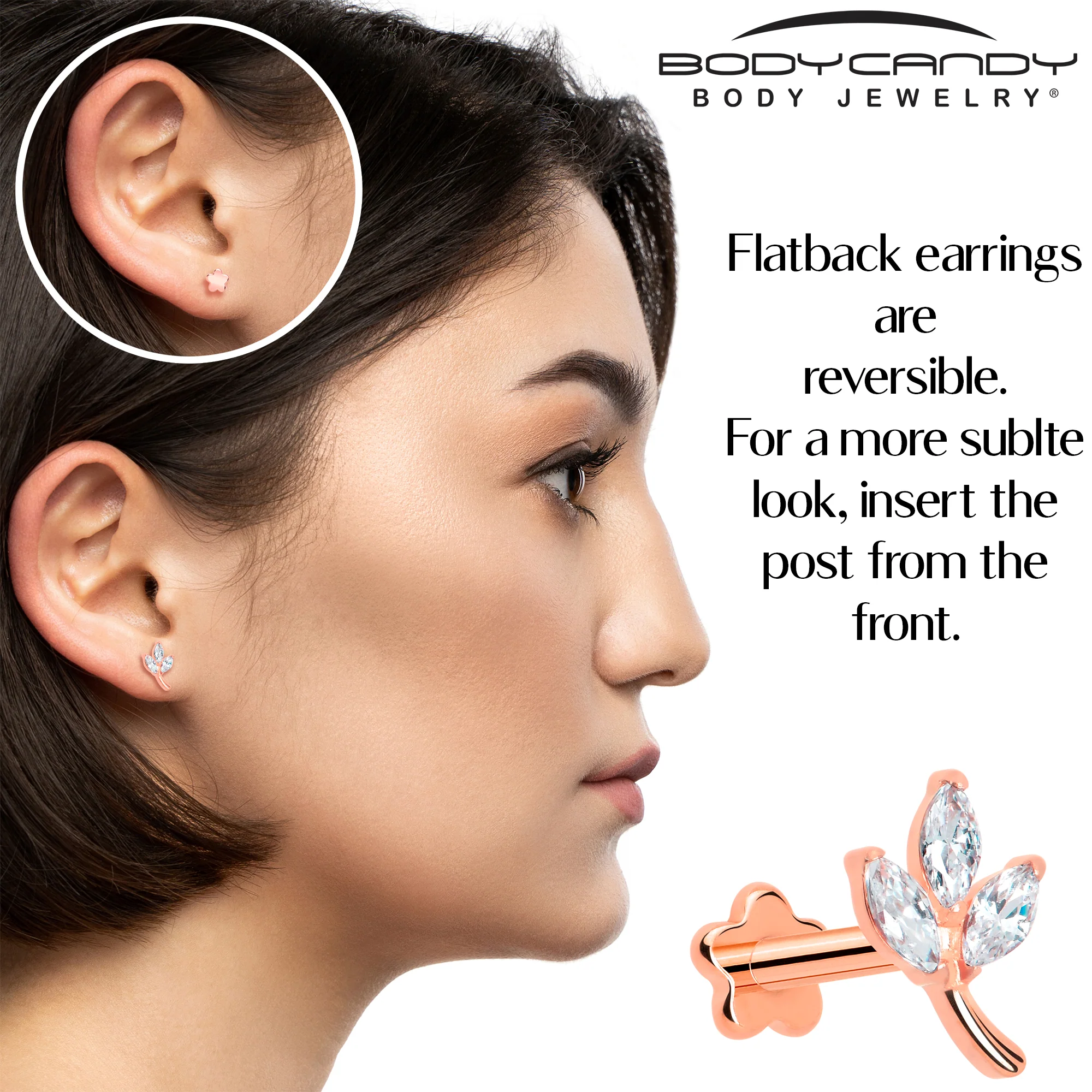 16G 1/4 CZ Gem Leaves Rose Gold PVD Medical Grade Titanium Reversible Flat Back Earring - Image 7