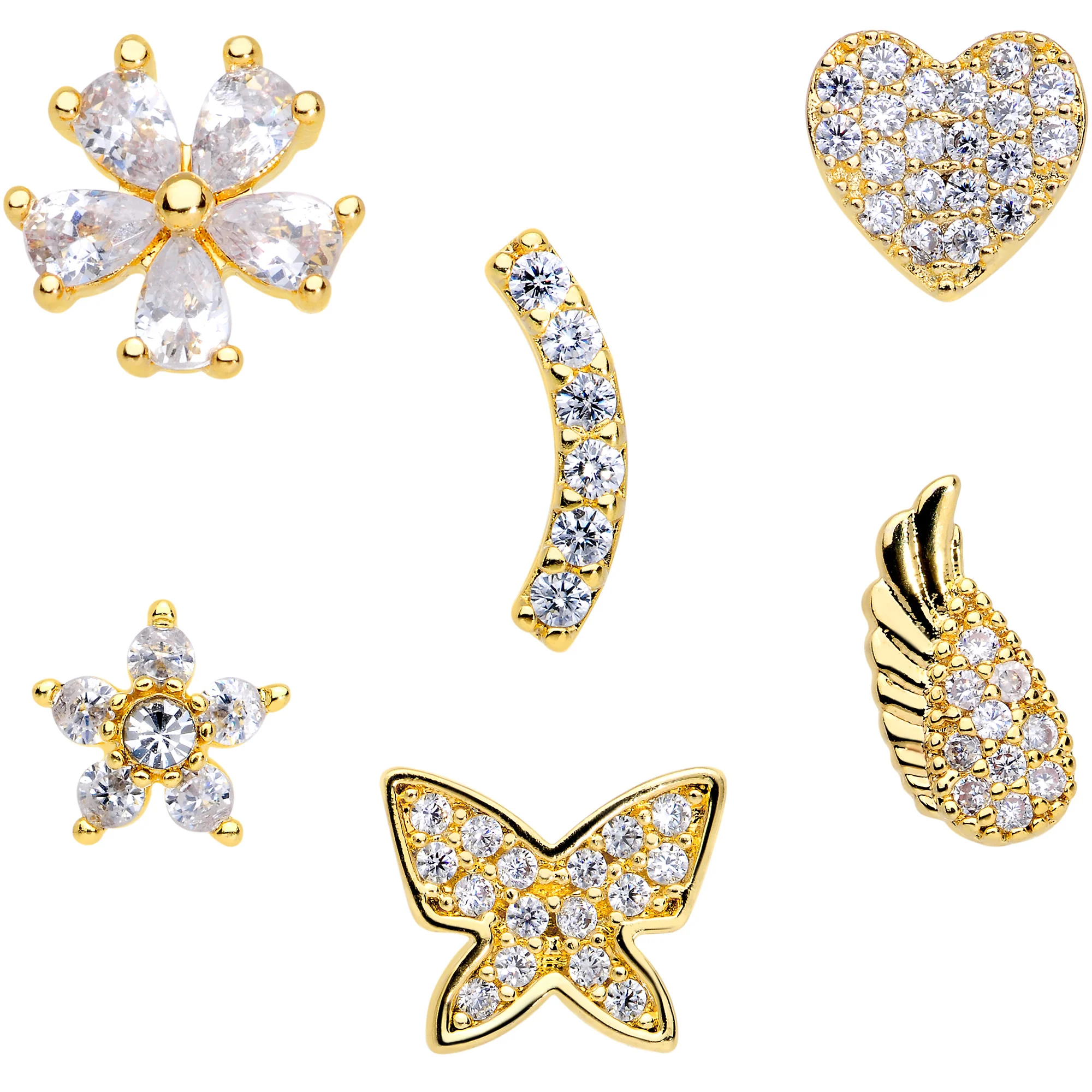 16G 1/4 CZ Gold Tone Internal Thread Labret Tragus Set of 6 - Image 3