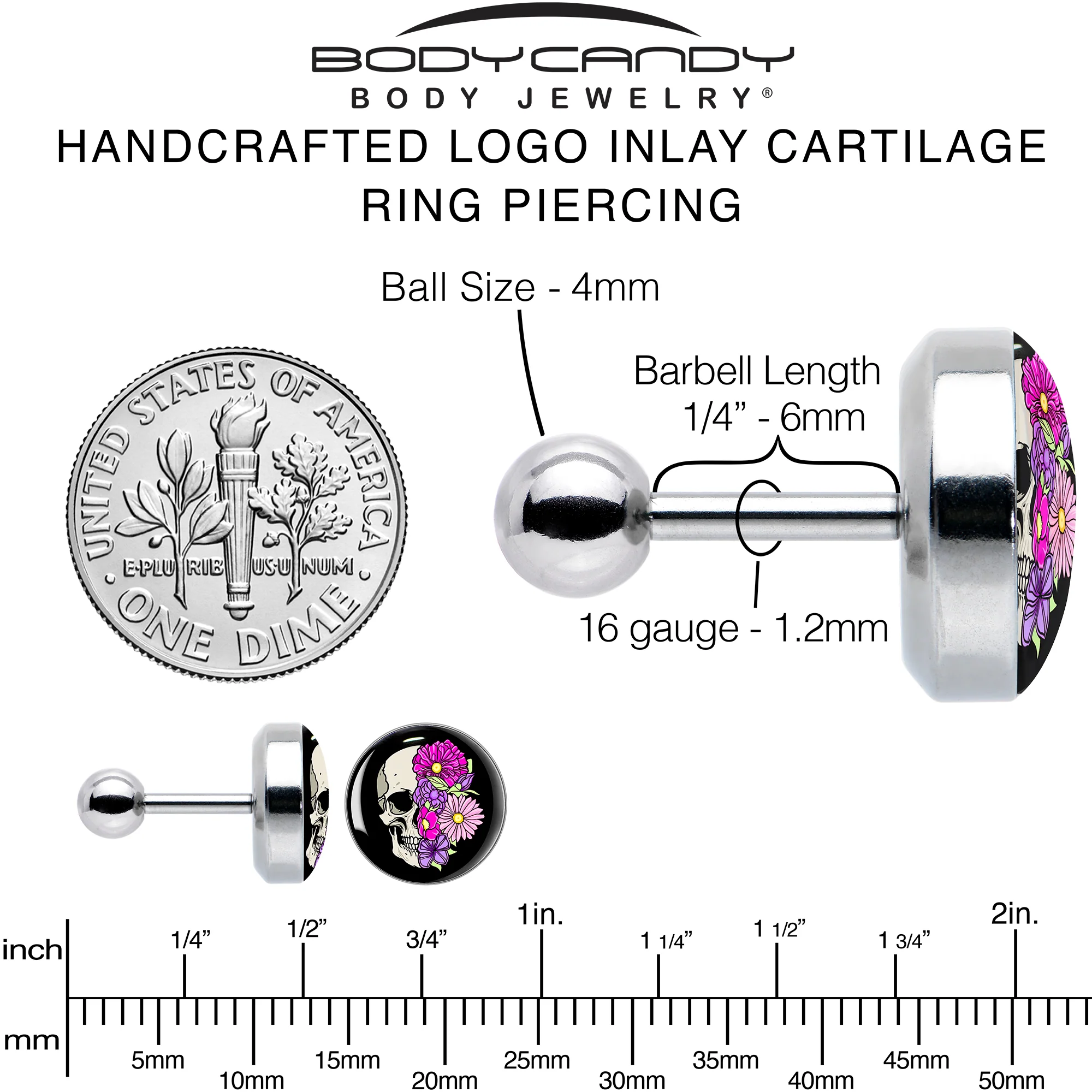 16G 1/4 Floral Flowers Skull Cartilage Tragus Earring by Onyx O - Image 6