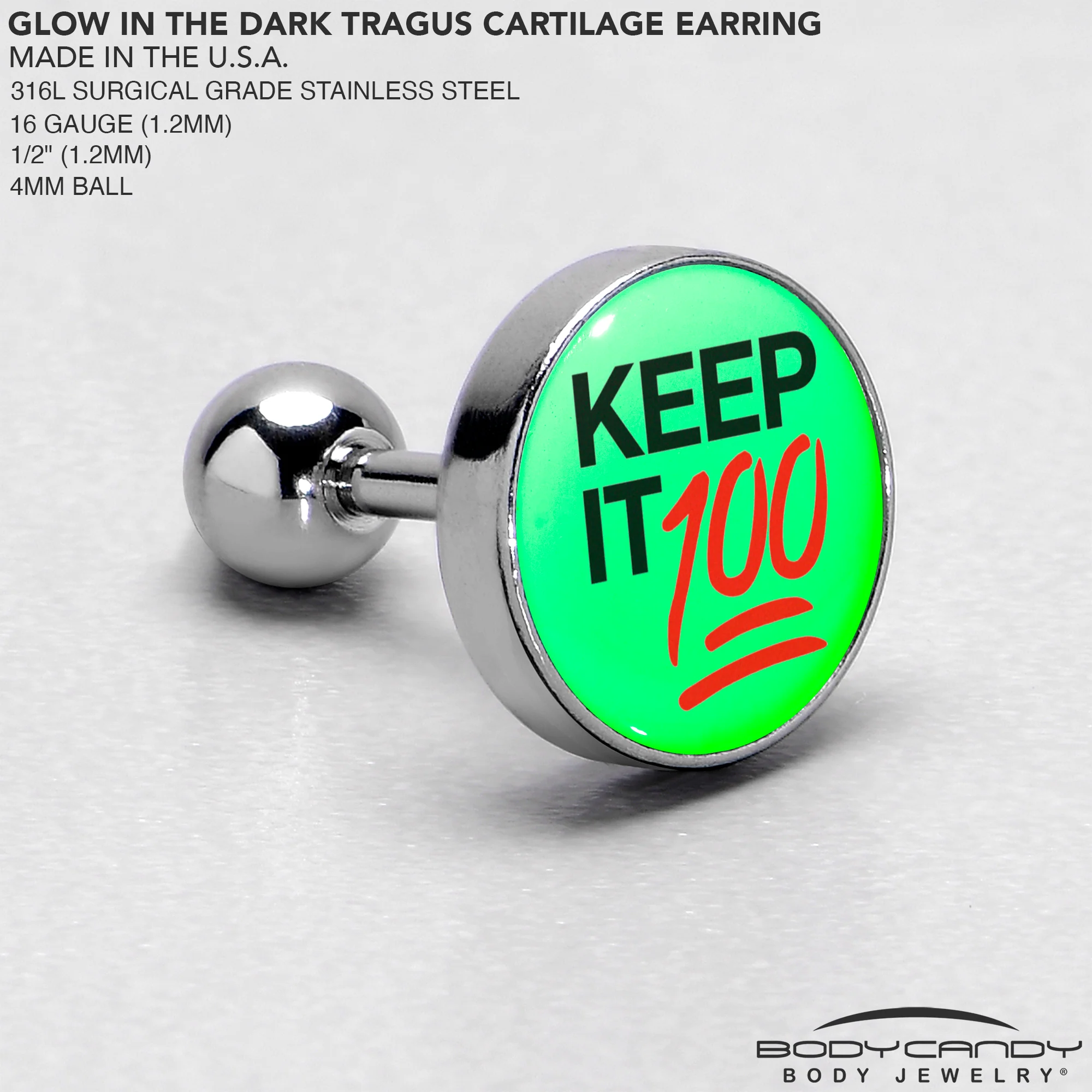 16G 1/4 Glow in the Dark Keep it 100 Tragus Cartilage Earring by Onyx O - Image 7