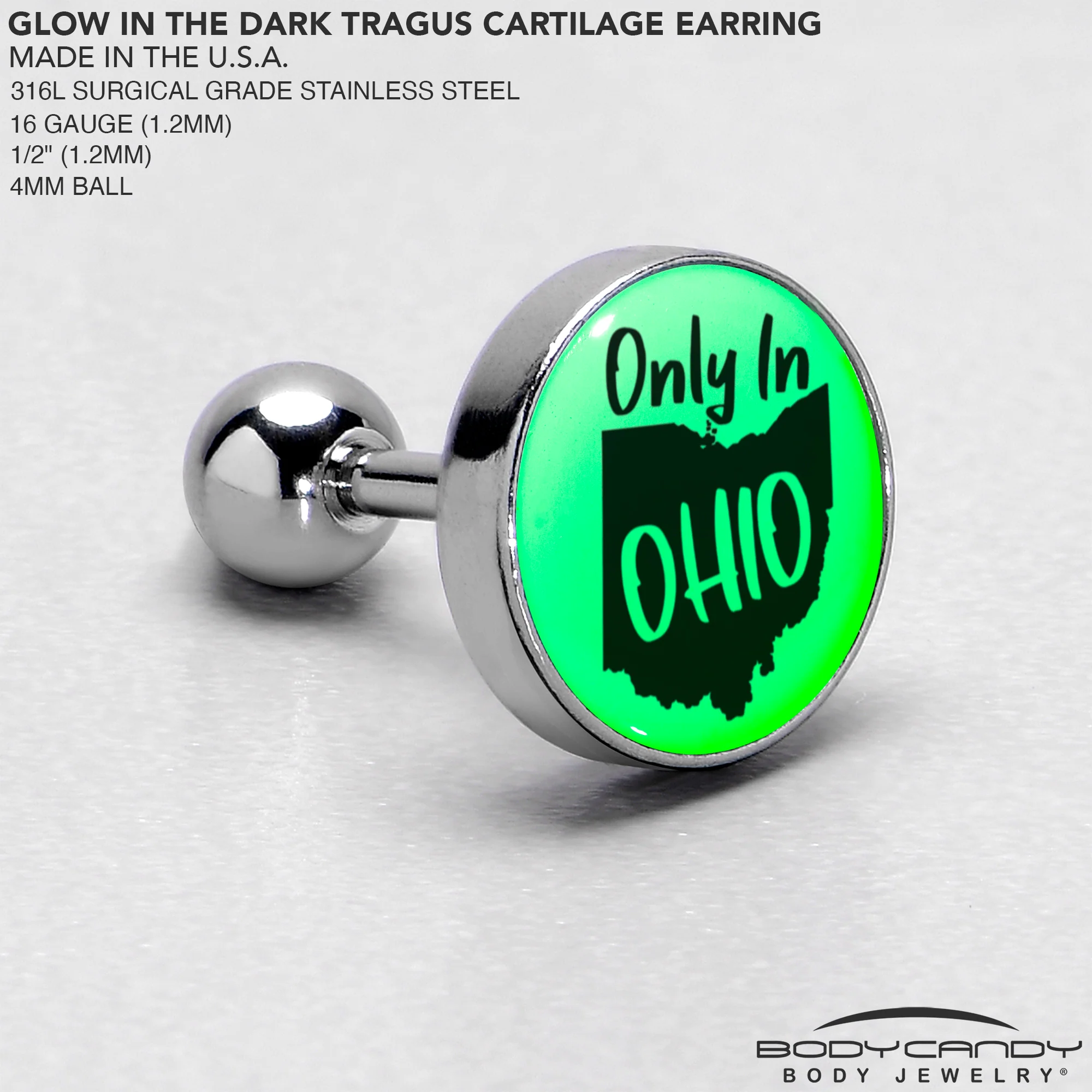 16G 1/4 Glow in the Dark Only in Ohio Tragus Cartilage Earring by Onyx O - Image 7