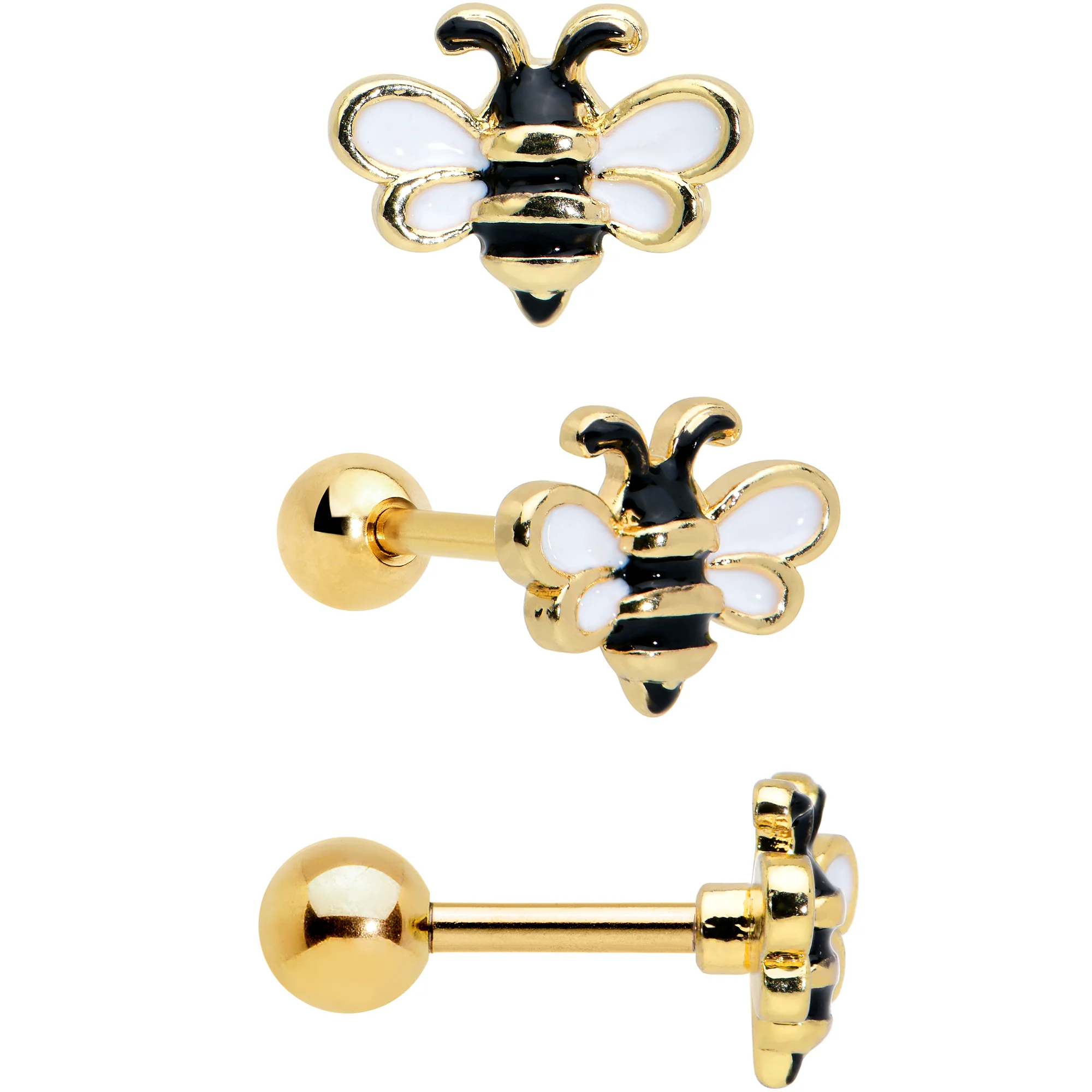 16G 1/4 Gold Tone Bee Smile Flower Cartilage Earring Curation Set of 3 - Image 3