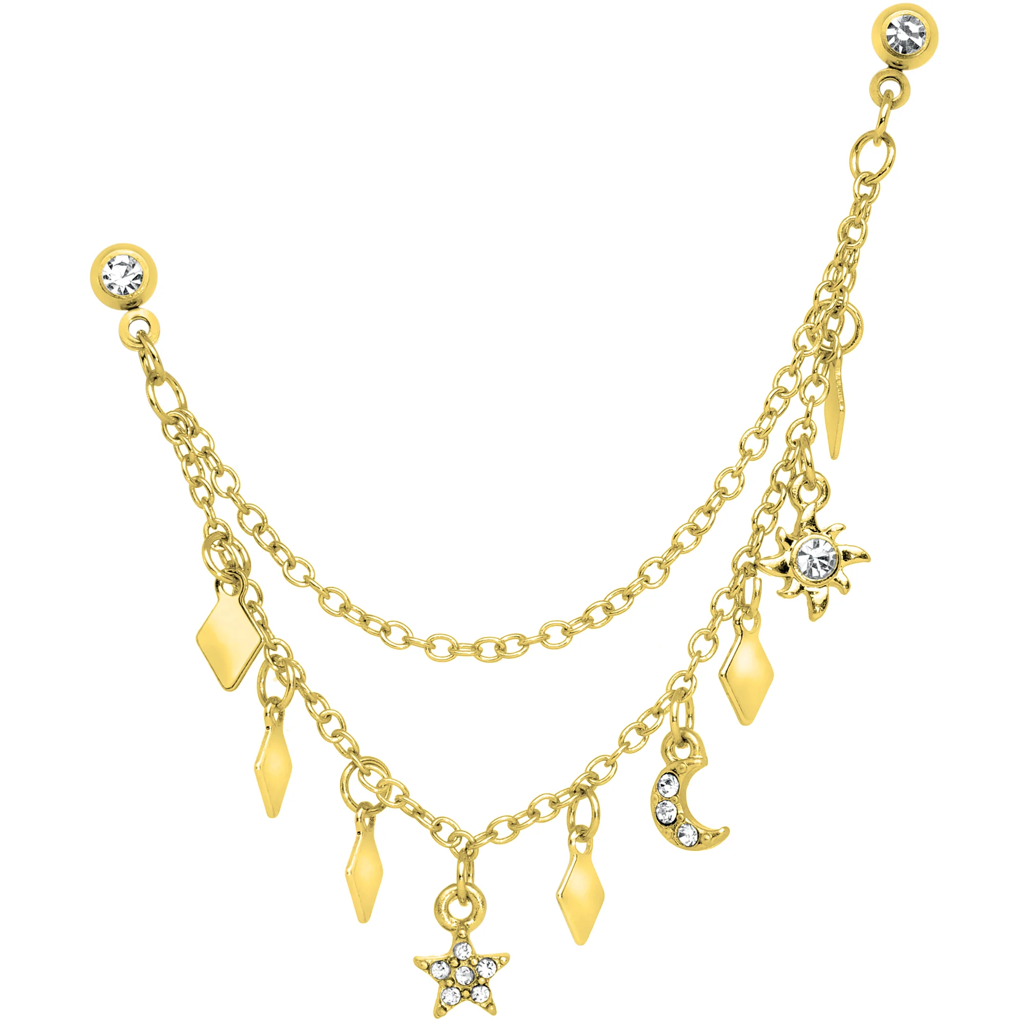 16G 1/4 Gold Tone Moon Sun Dangle Cartilage Chain Earring - Image 2