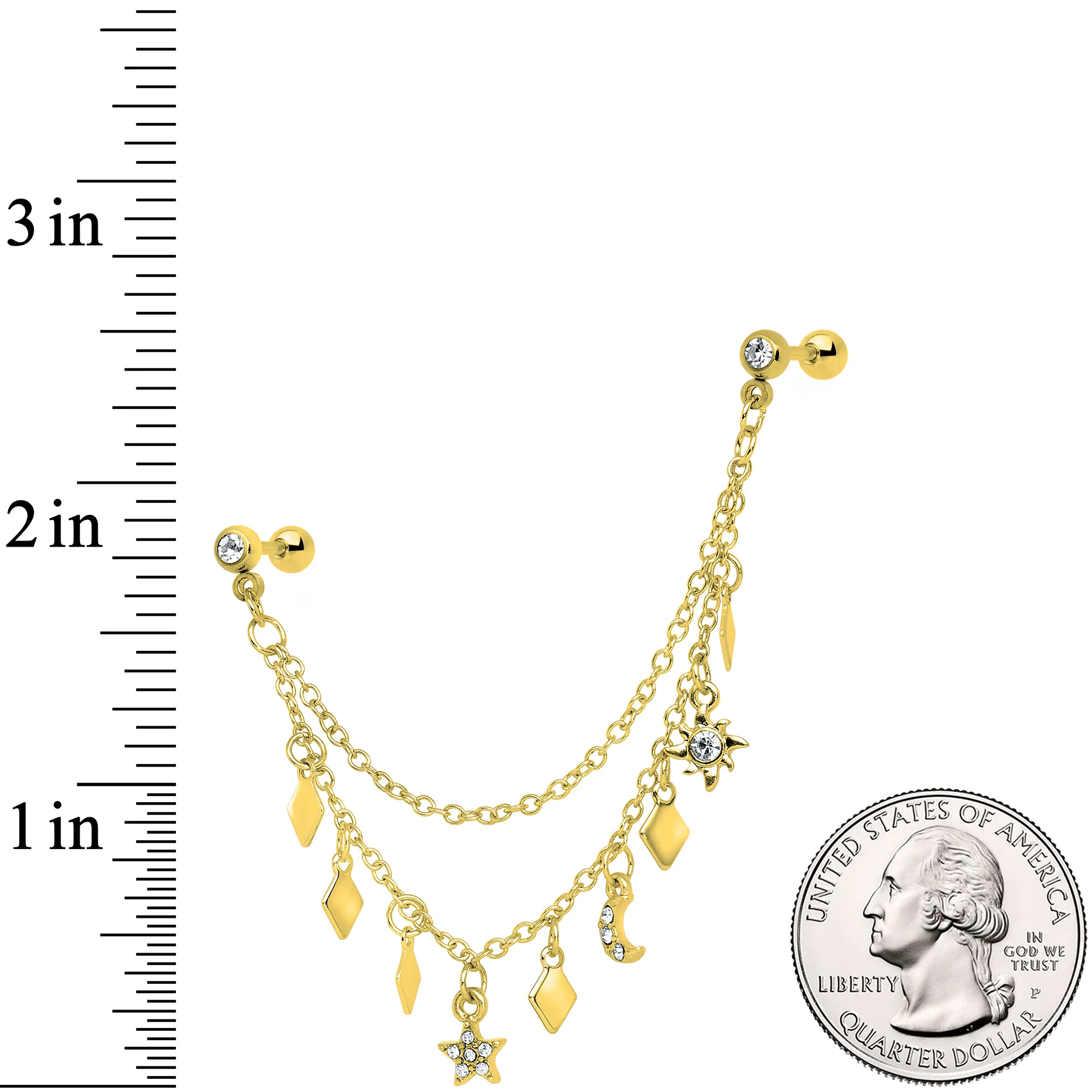 16G 1/4 Gold Tone Moon Sun Dangle Cartilage Chain Earring - Image 3