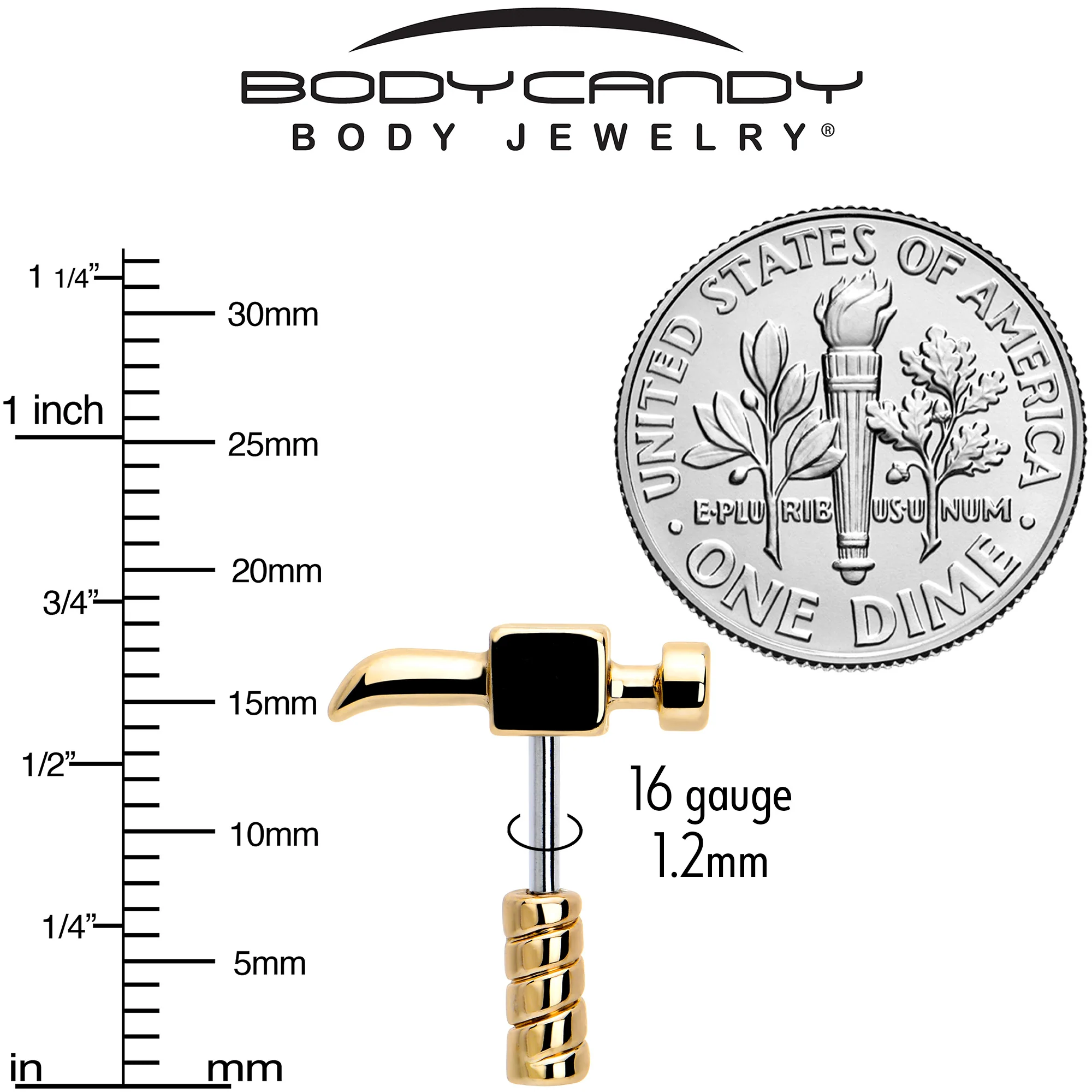 16G 1/4 Gold Tone Optical Illusion Hammer Cartilage Tragus Earring - Image 5