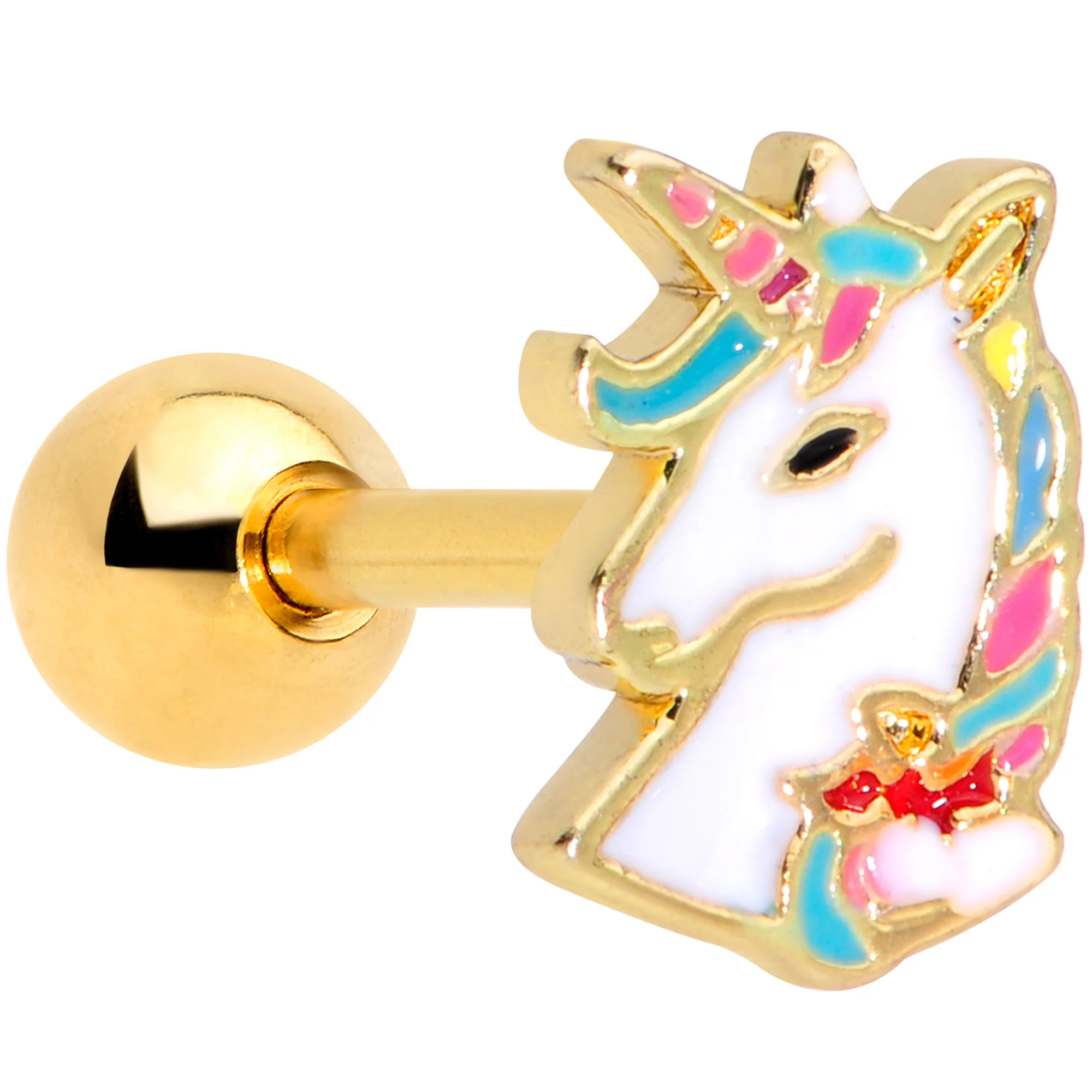 16G 1/4 Gold Tone Rainbow Unicorn Cartilage Tragus Earring