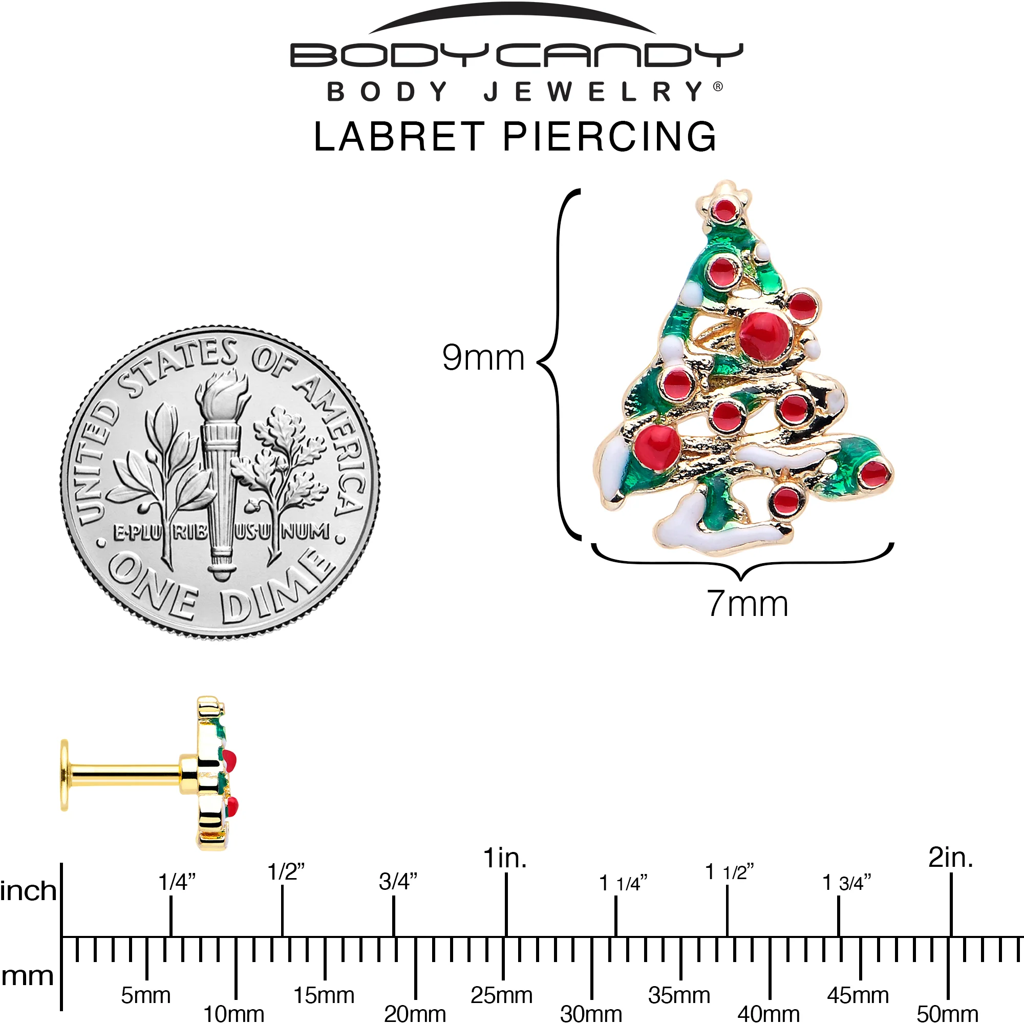 16G 1/4 Gold Tone Snowy Christmas Tree Holiday Labret Monroe Tragus - Image 4