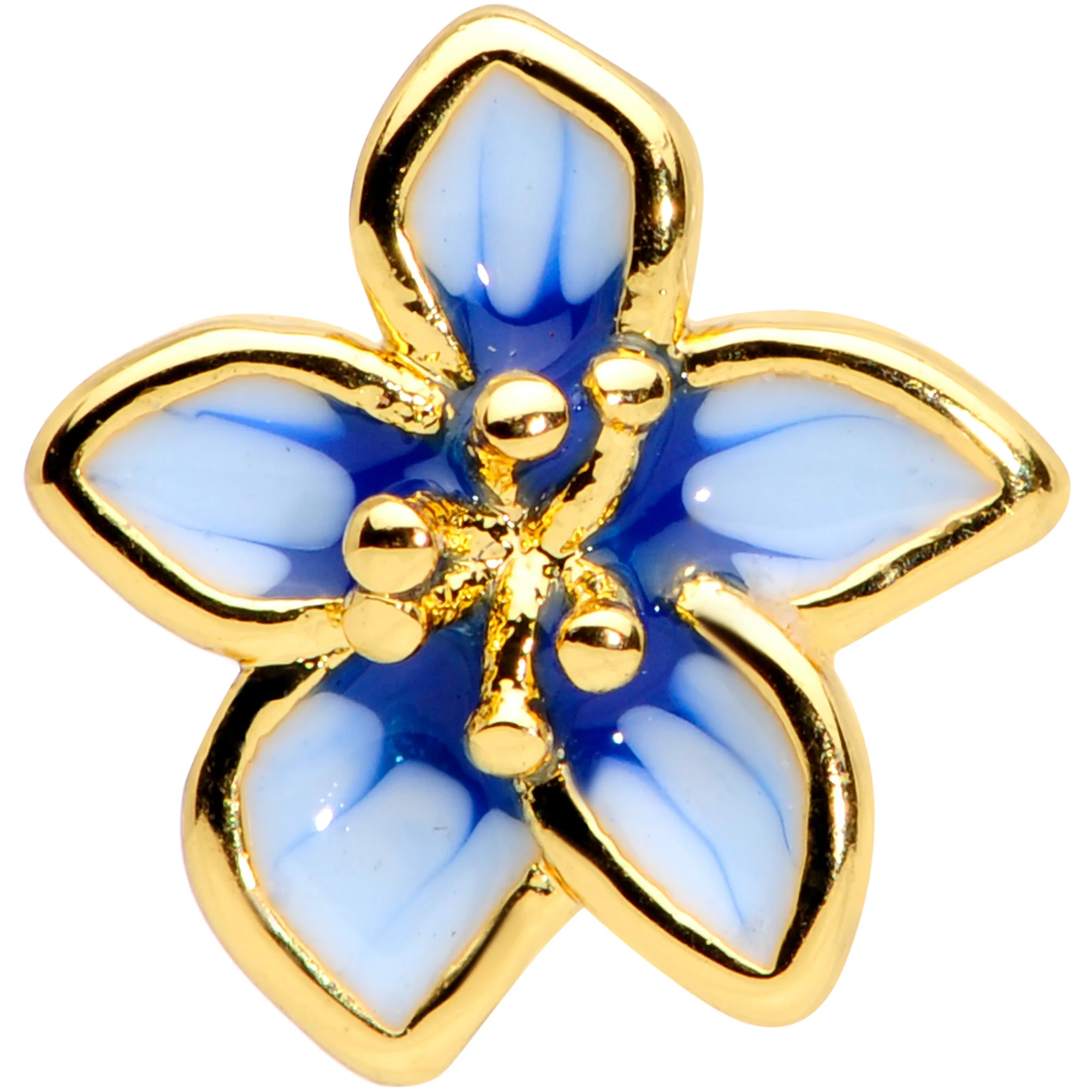 16G 1/4 Gold Tone White Blue Flower Cartilage Tragus Earring - Image 2
