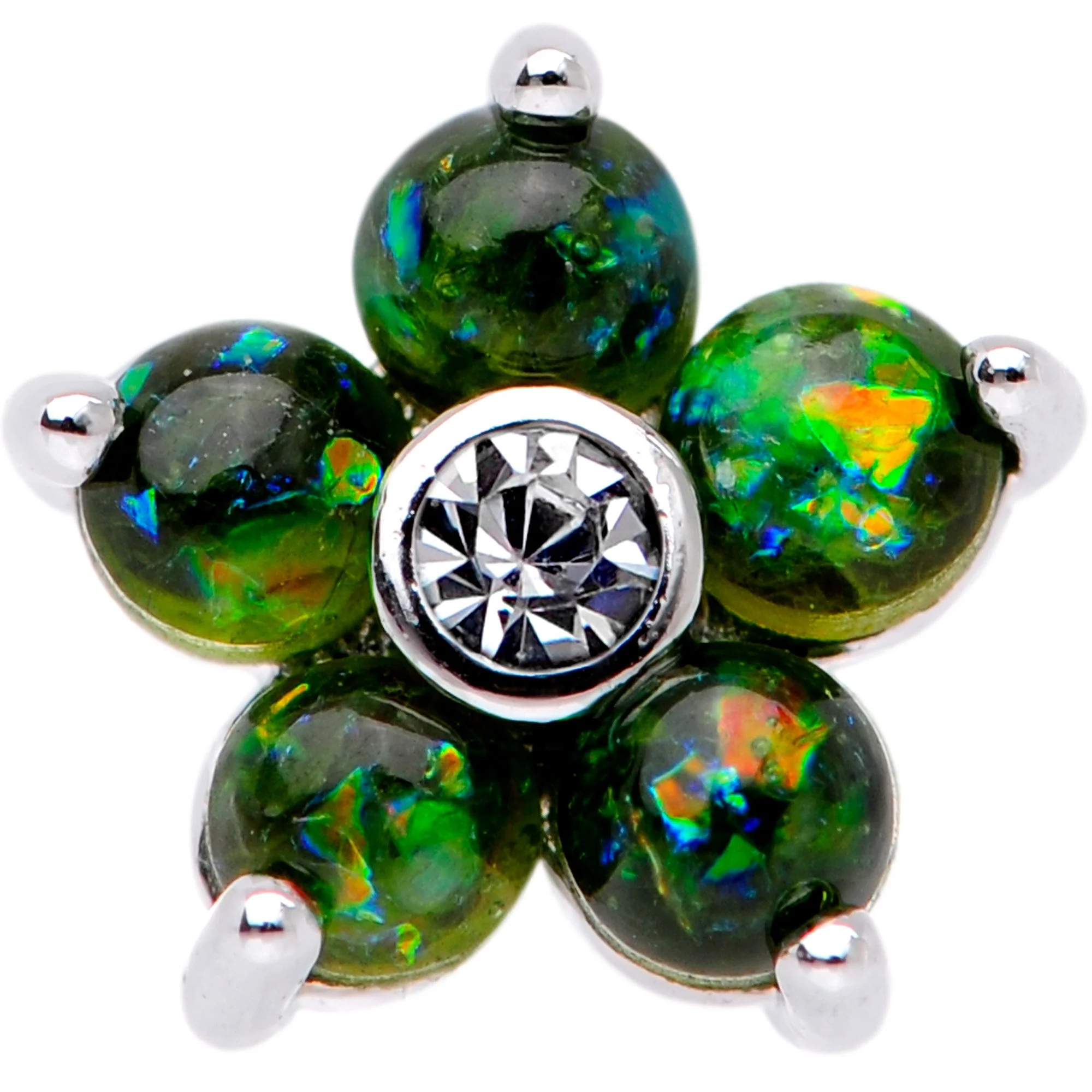 16G 1/4 Green Faux Opal CZ Flower Cartilage Tragus - Image 2