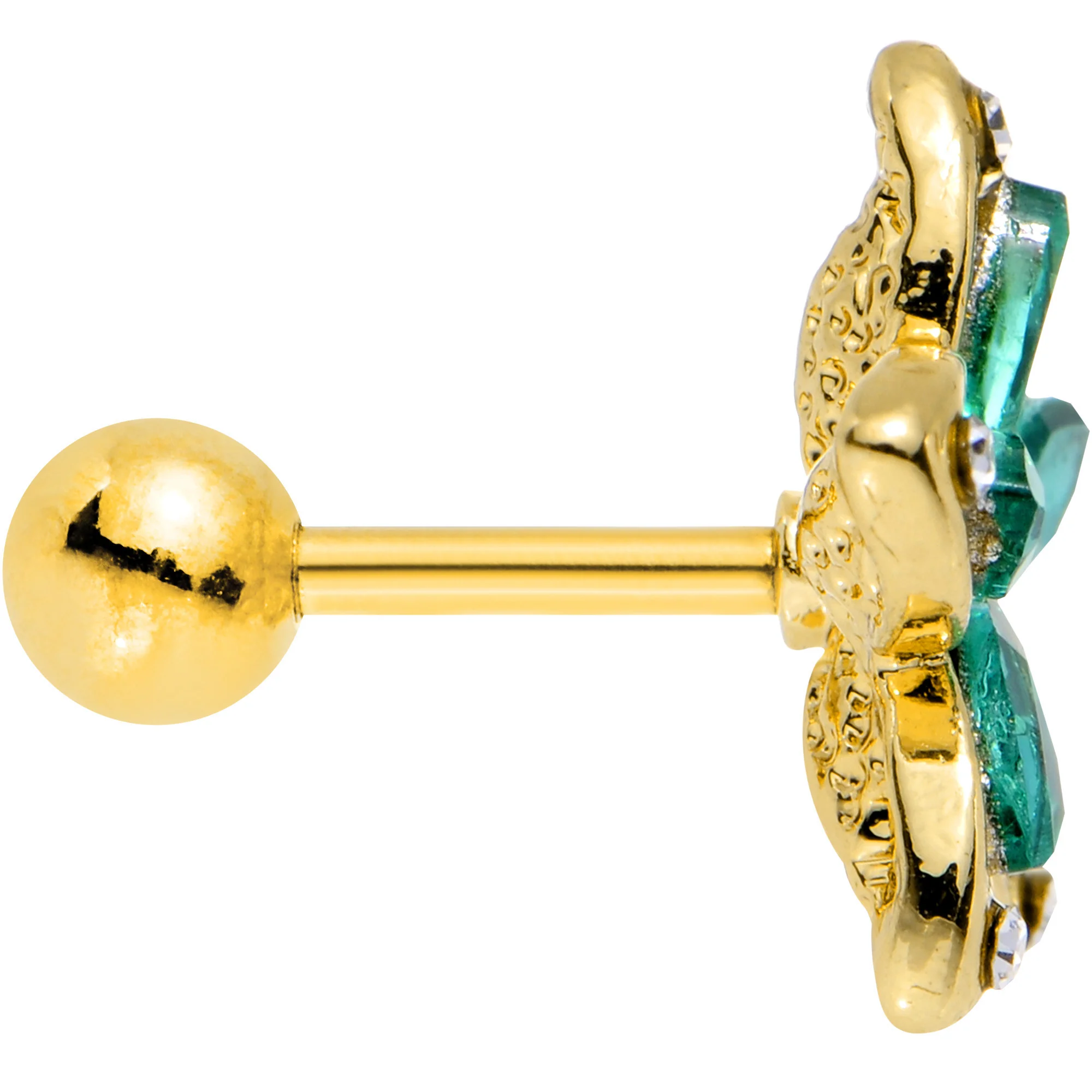 Green Gem Gold PVD Holiday Hibiscus Flower Tragus Cartilage Earring - Image 3
