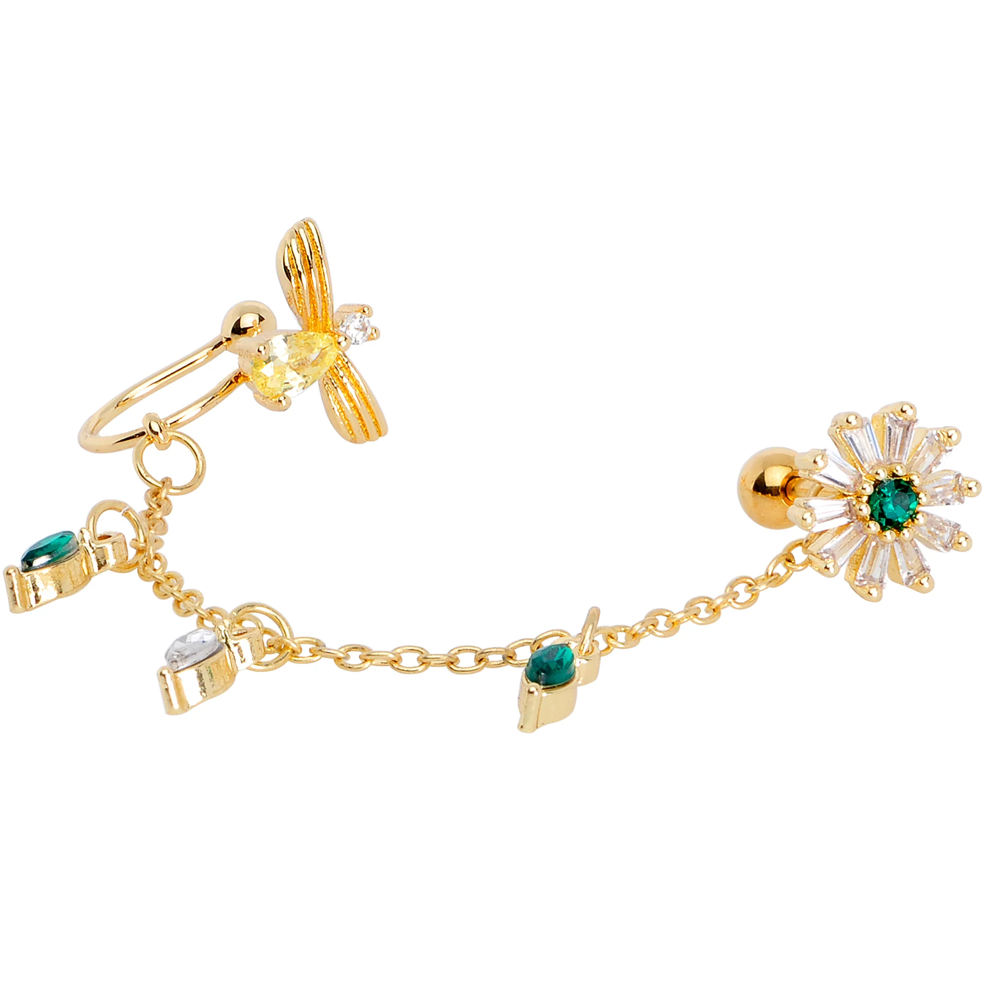 16G 1/4 Green Gem Gold Tone Angel Cuff Chain Left Cartilage - Image 2